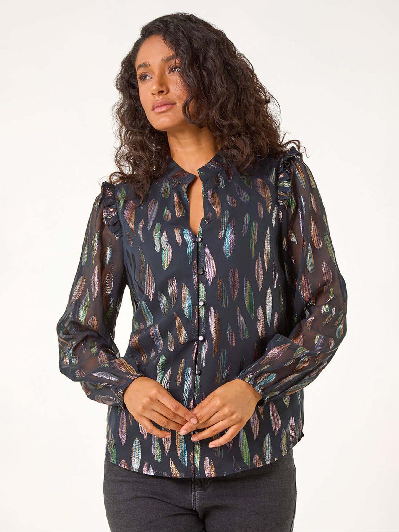 Roman Dusk Foil Print Tie Front Neck Top - Black