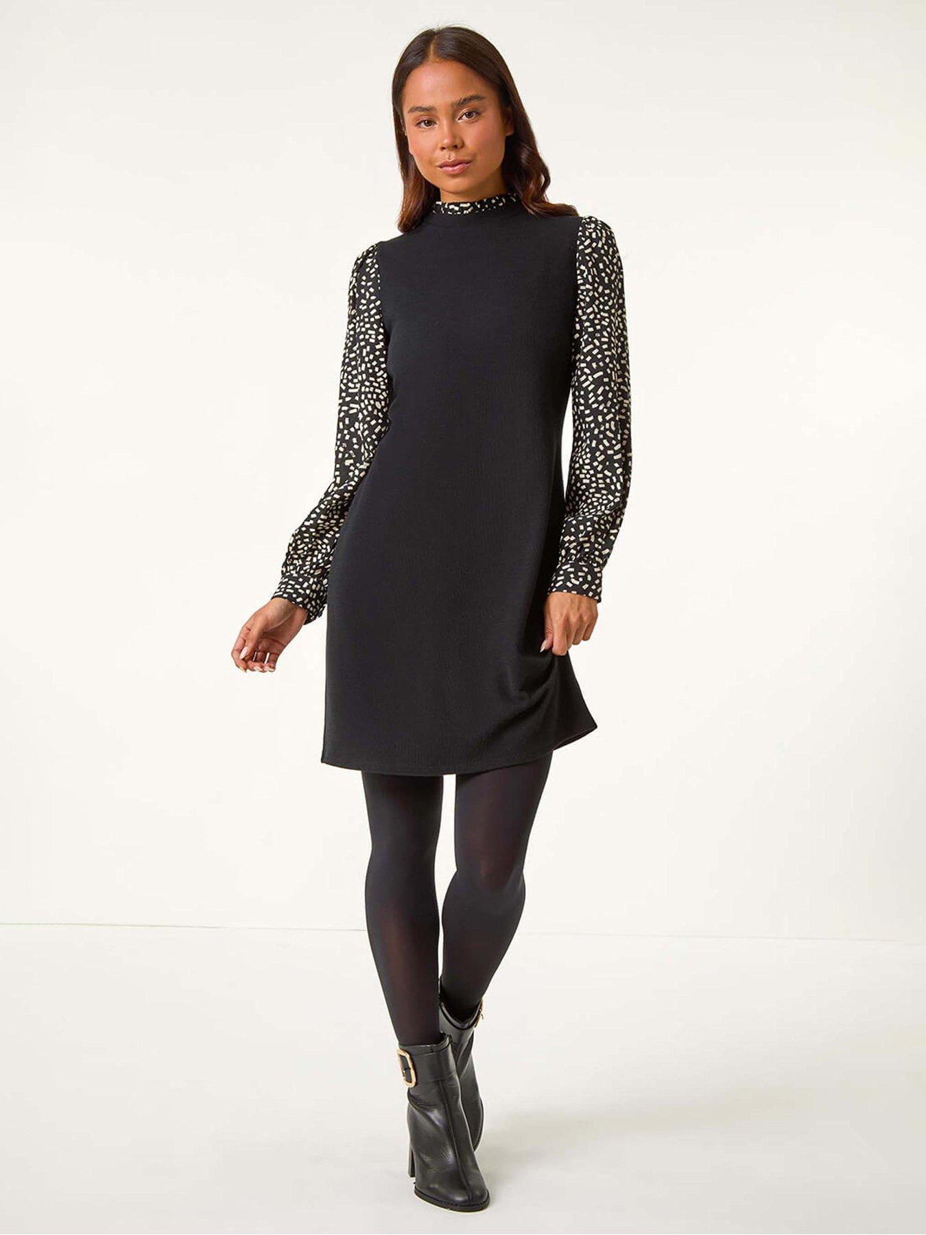 Roman Petite Contrast Frill Neck Stretch Dress - Black