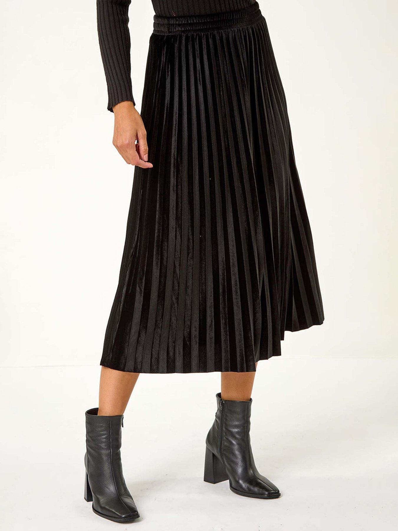 Roman Velvet Pleated Midi Skirt - Black
