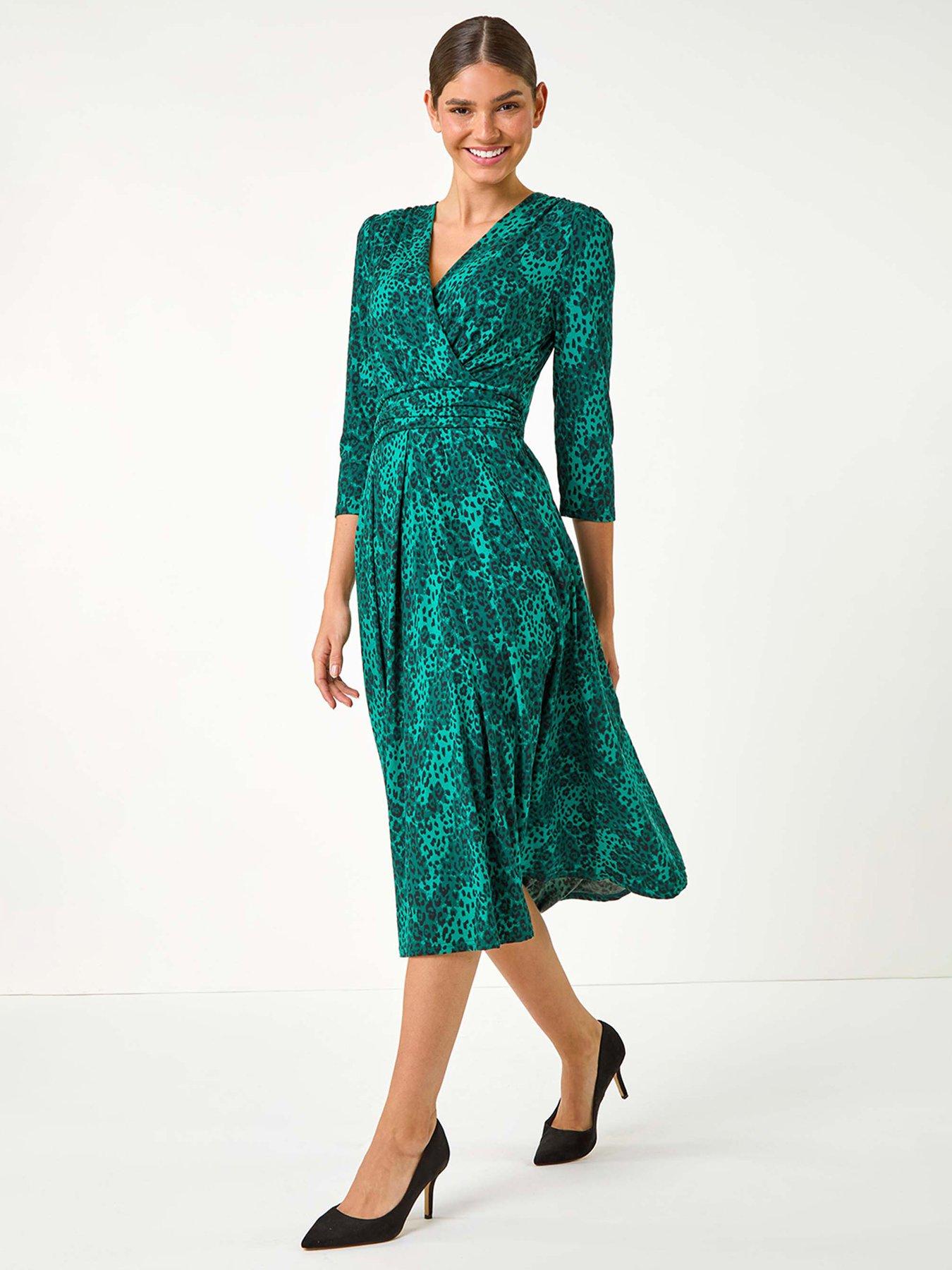 Roman Animal Print Mock Wrap Midi Dress - Green