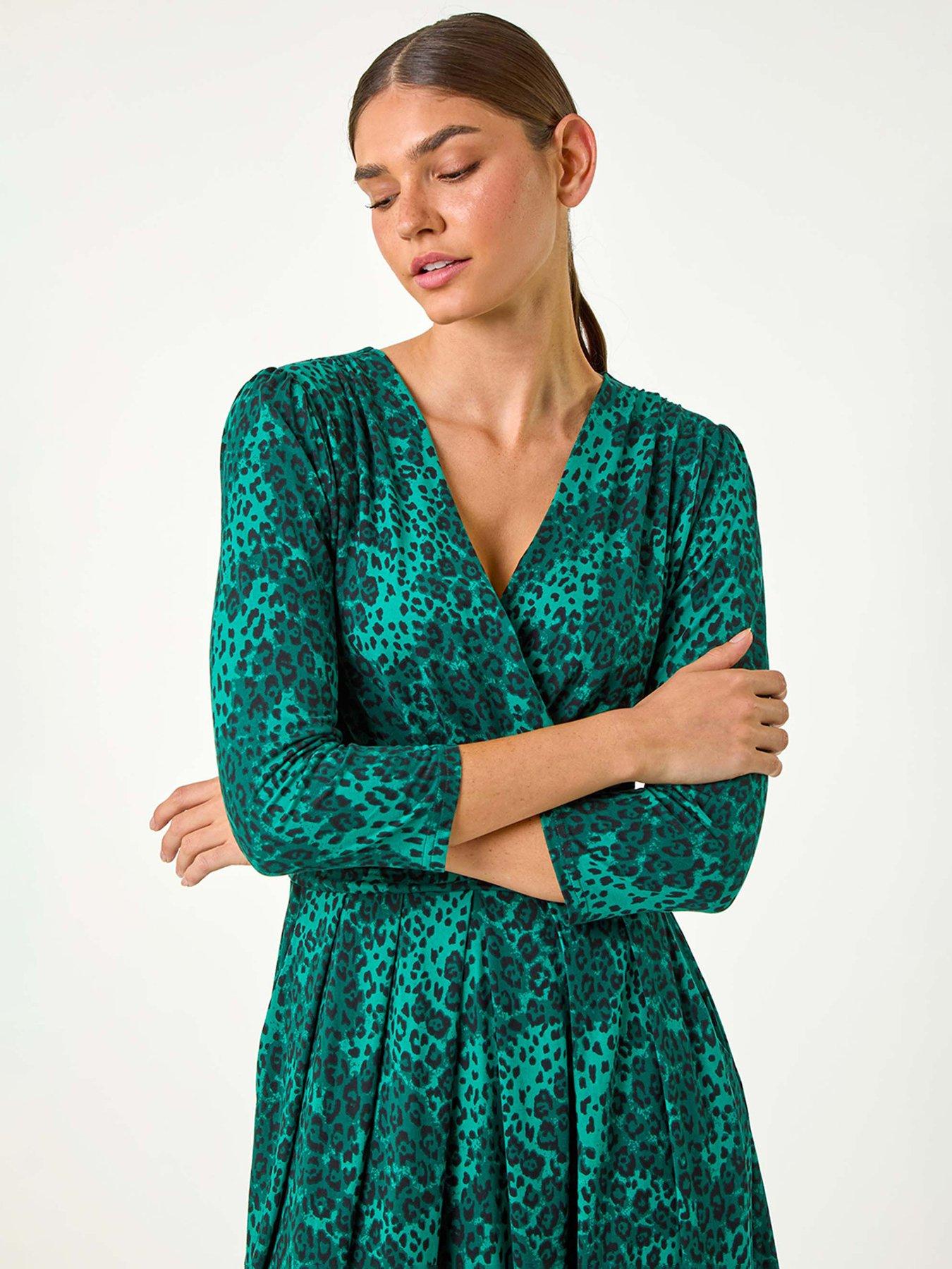 Sleeve Clearance Dresses Wallis Green Leopard Print Dress Roman Animal Print  Mock Wrap Midi Dress Green