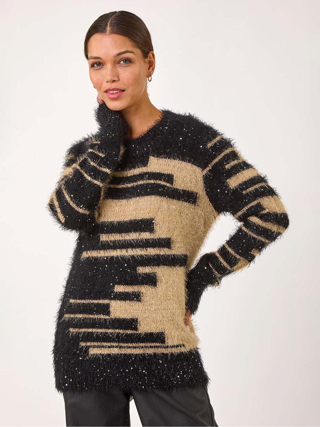 Roman Women's Camel Fluffy Cut Stripe Knit Jumper In | : Size 14 - Image 7