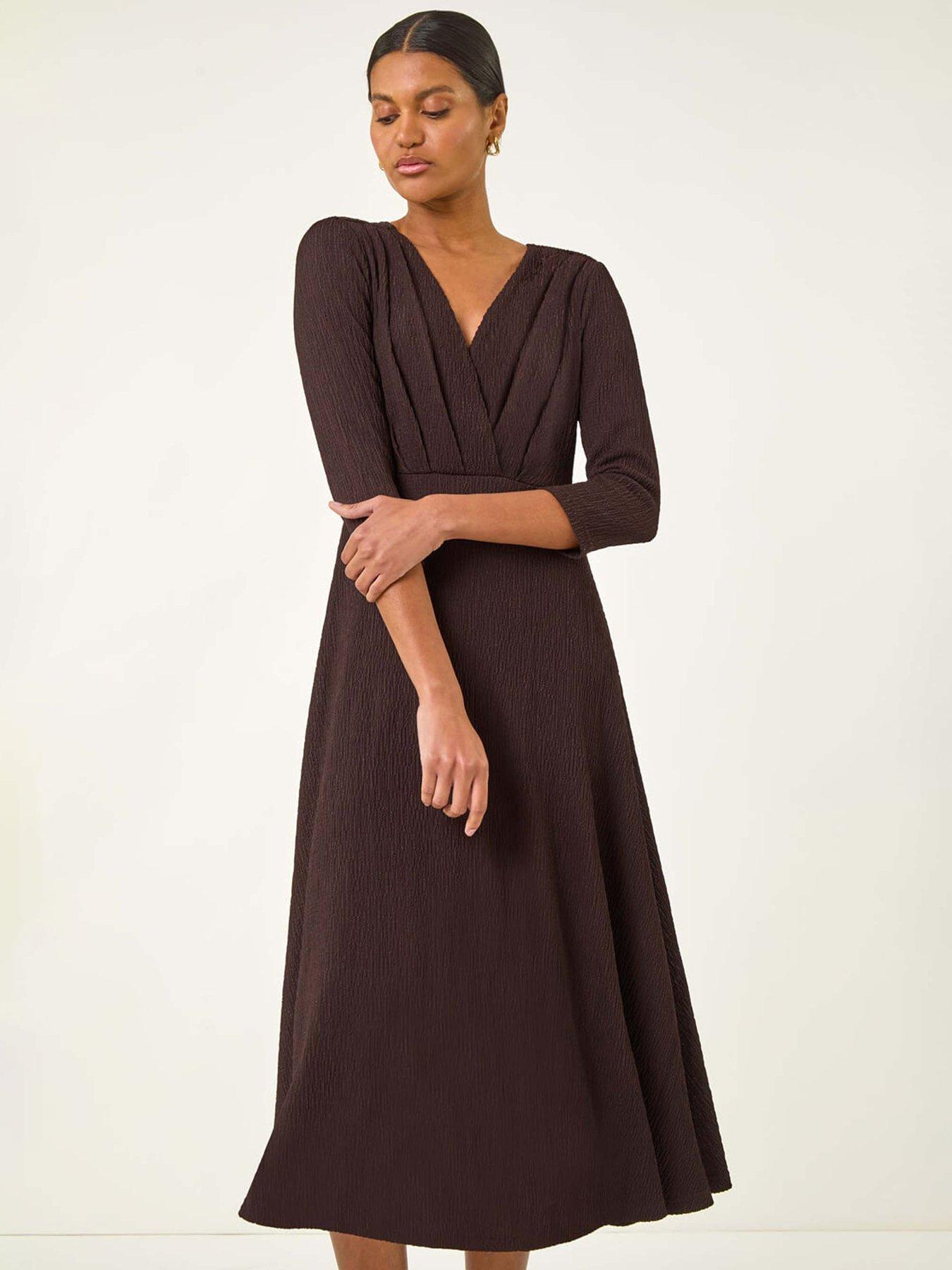 Roman Textured Wrap Midi Dress - Chocolate