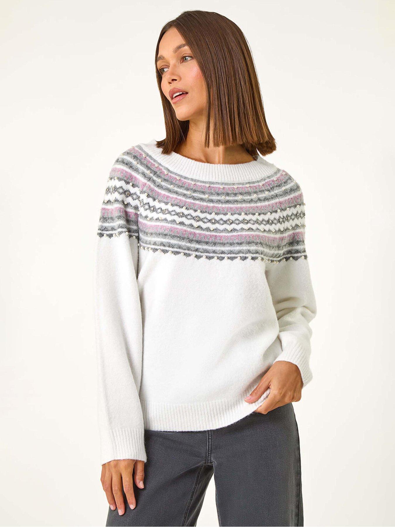 Roman Pearl Embellished Printed Jumper - Ivory