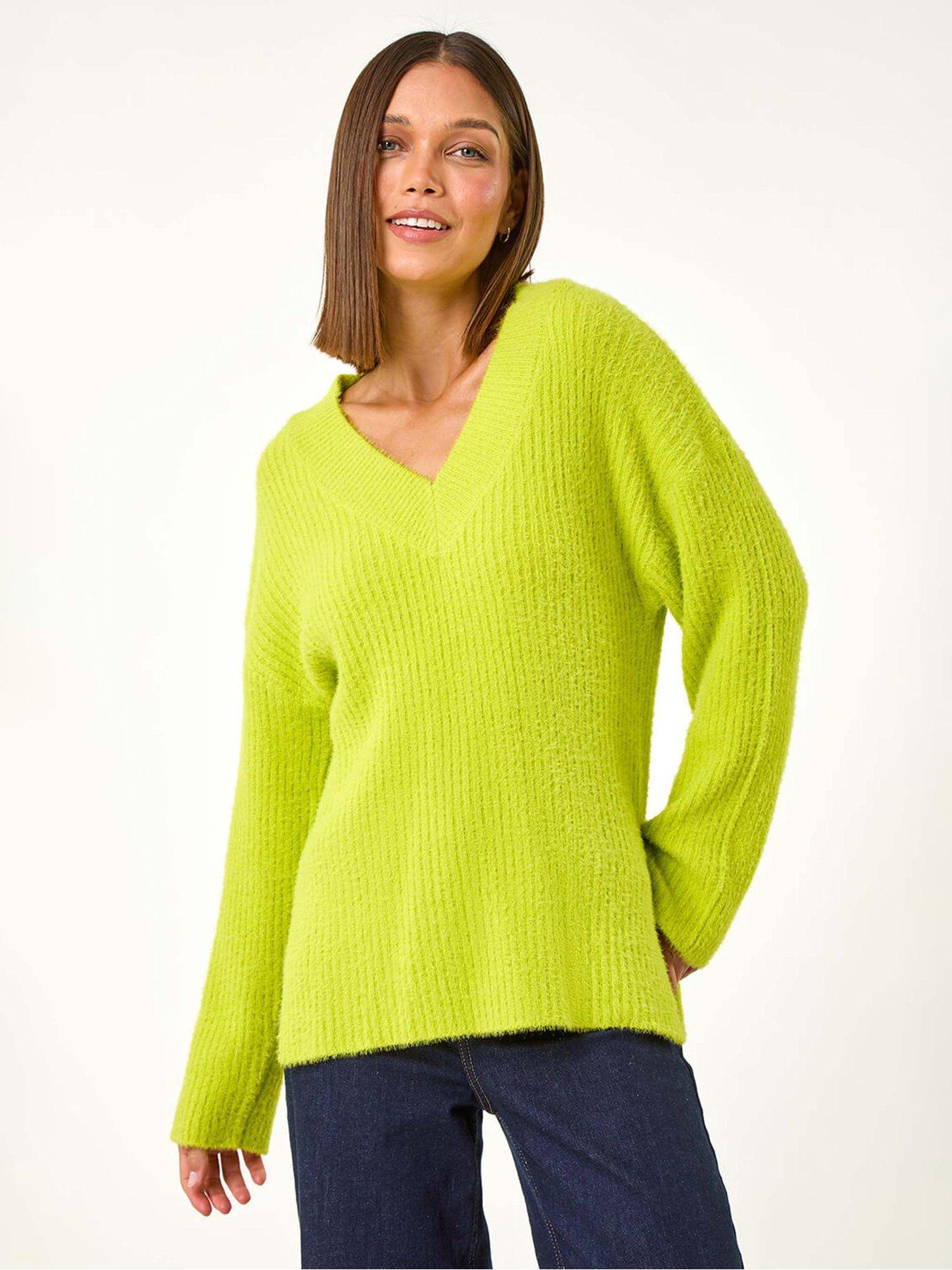 Roman V-neck Fluffy Knit Jumper - Lime