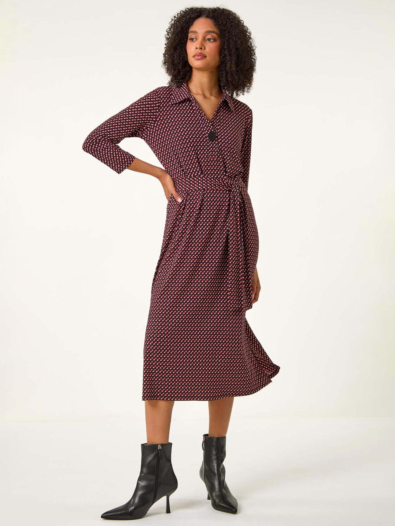 Roman Geometric Stretch Shirt Midi Dress - Red