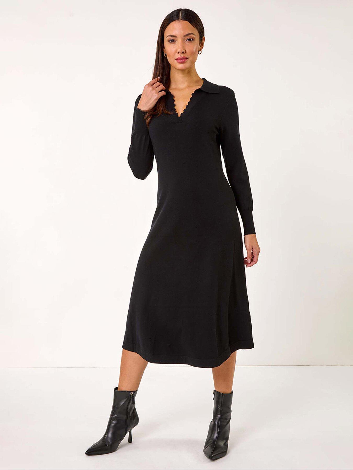 Roman Scallop Detail Knitted Midi Dress, Black, Size 10, Women