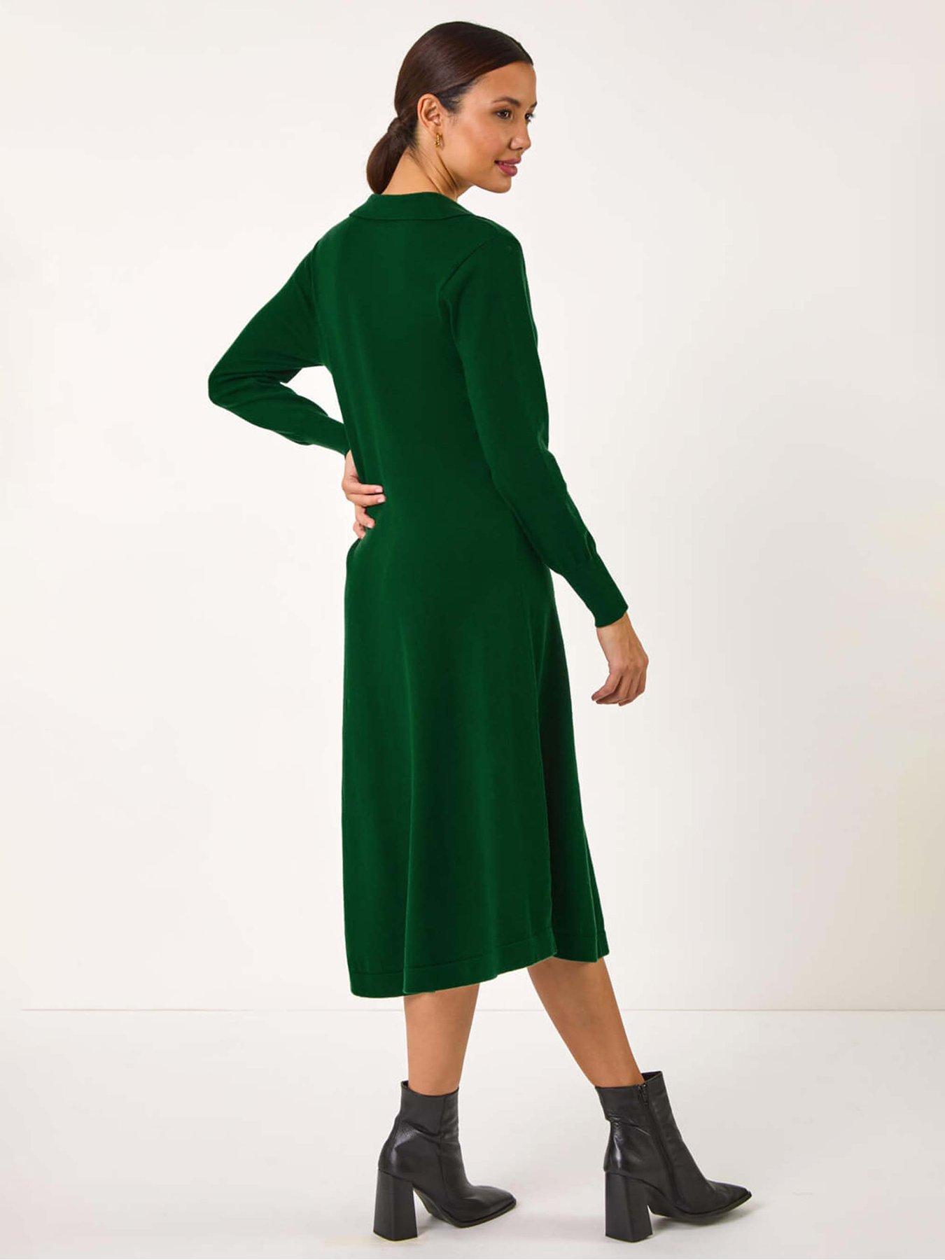 slim fit dress slacks Dark Green Knitted Long Sleeve Midi Dress