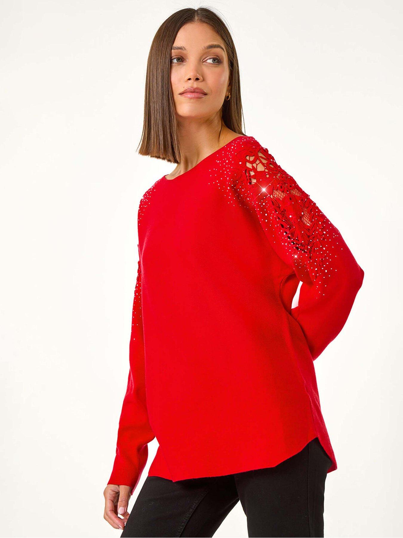 Roman Diamante Sleeve Knit Jumper - Red