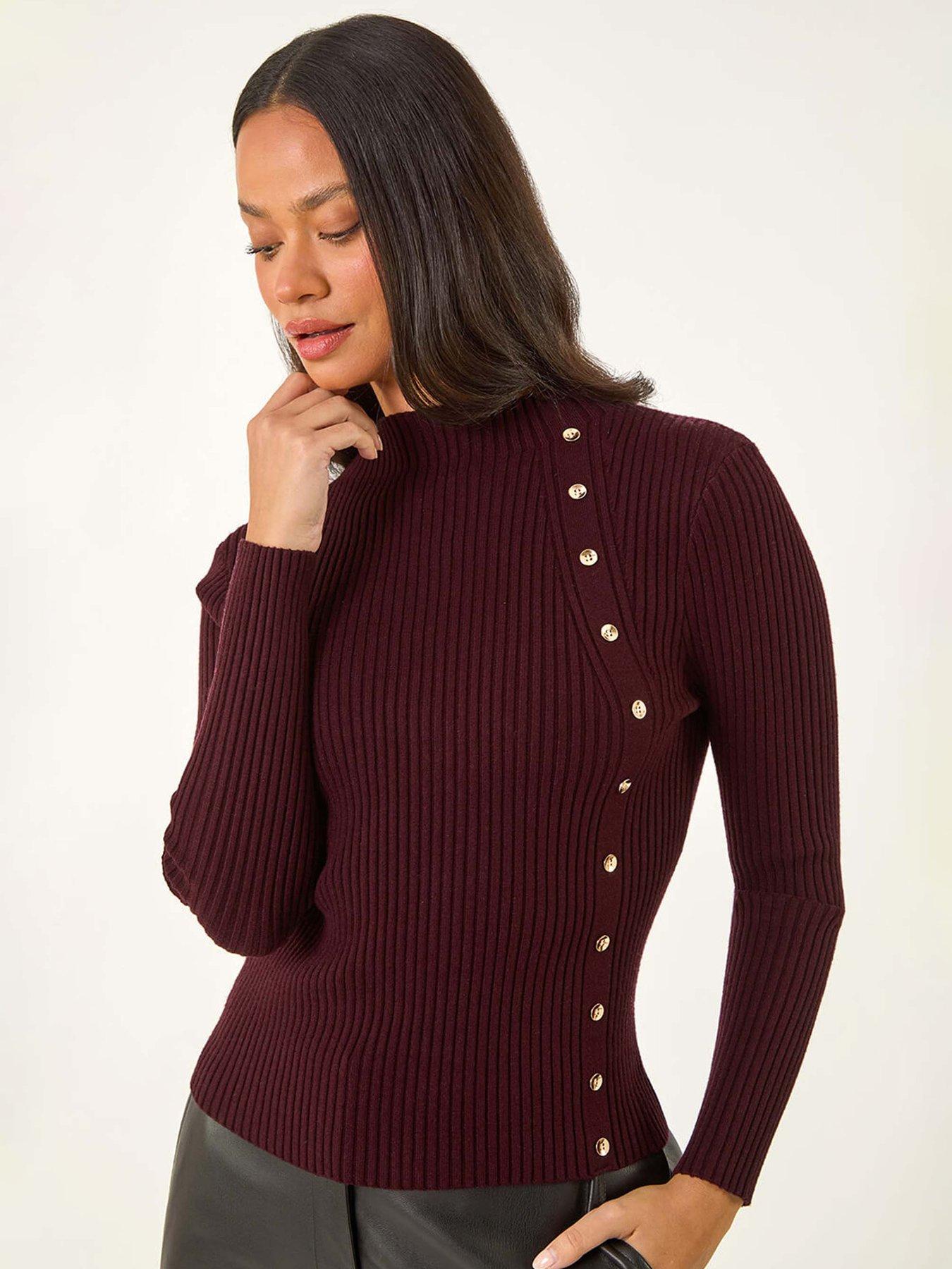 Roman Dusk High Neck Button Detail Rib Jumper - Purple