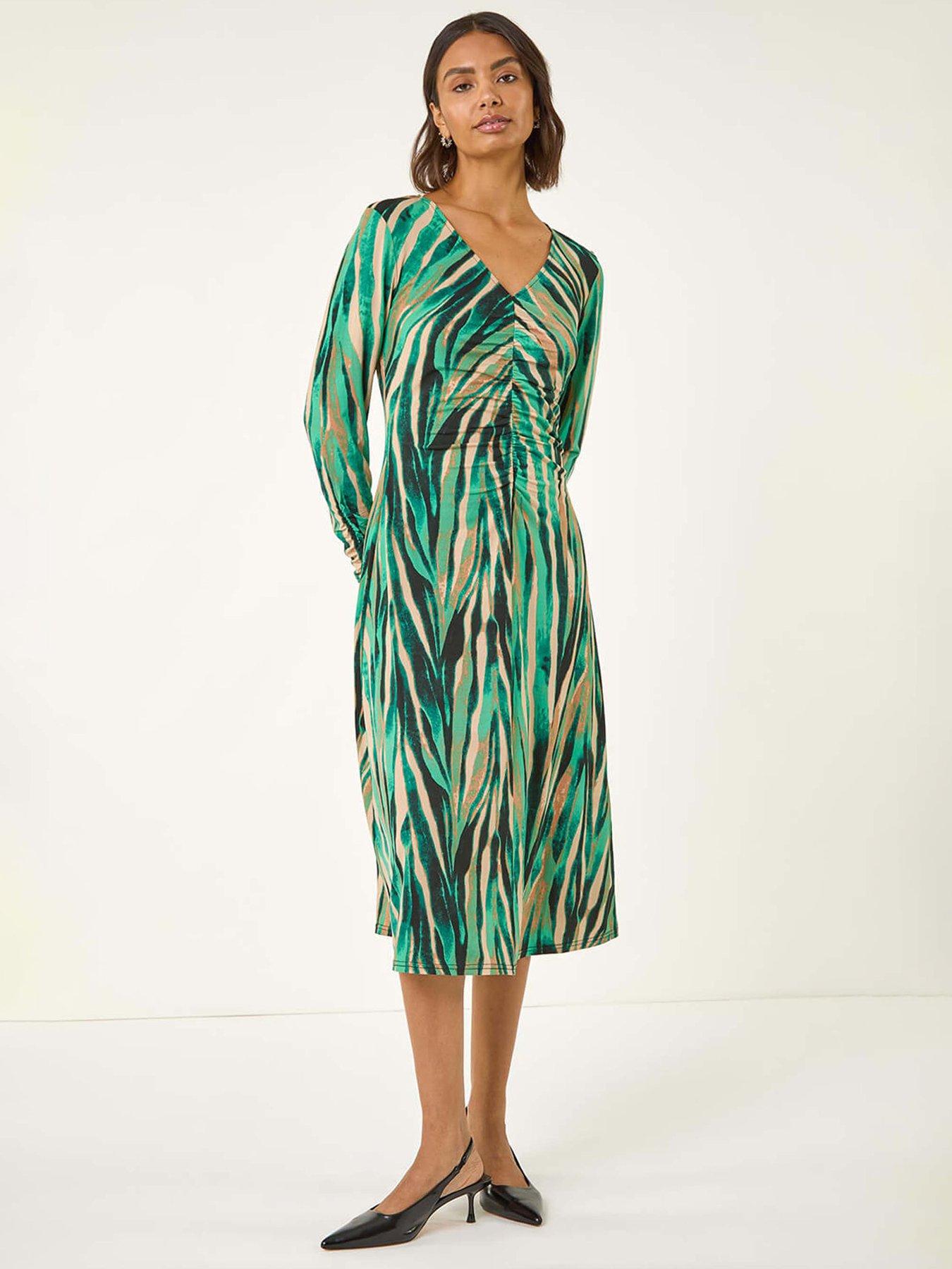Roman Abstract Print Ruched Midi Stretch Dress - Green