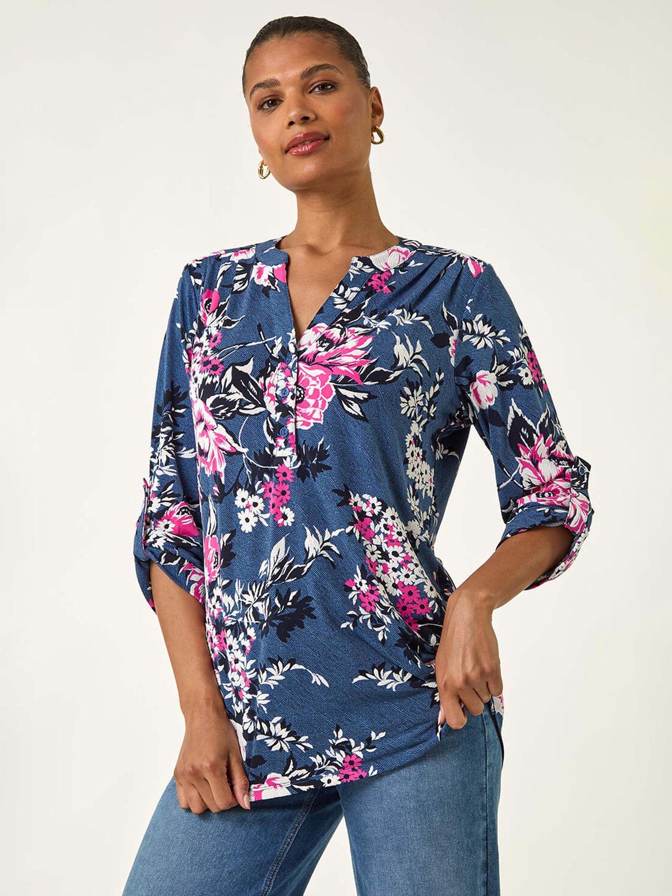 undefined Floral Puff Print Stretch Shirt - Blue
