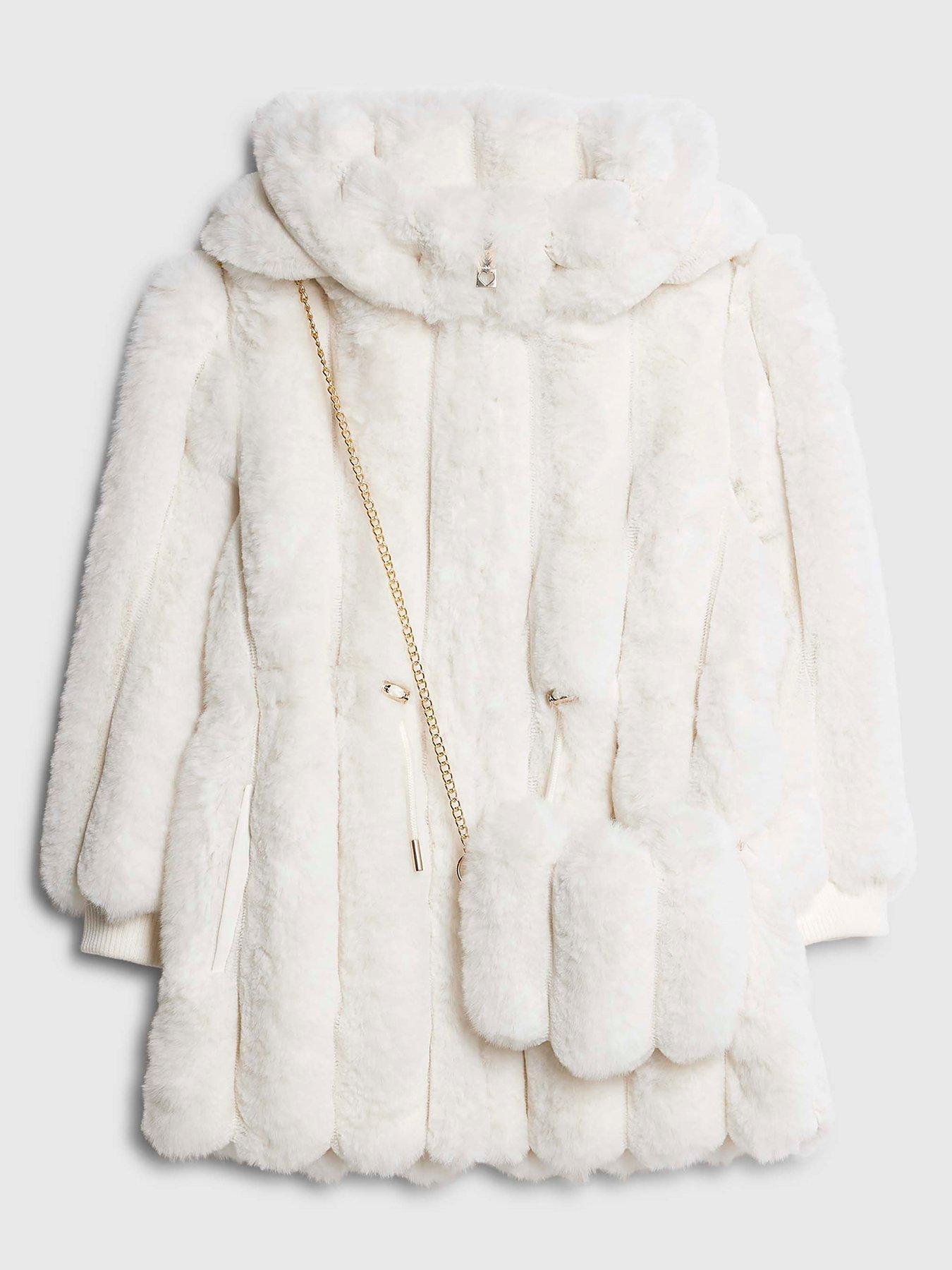 River Island Older Girls Faux Fur Coat With Bag - Beige