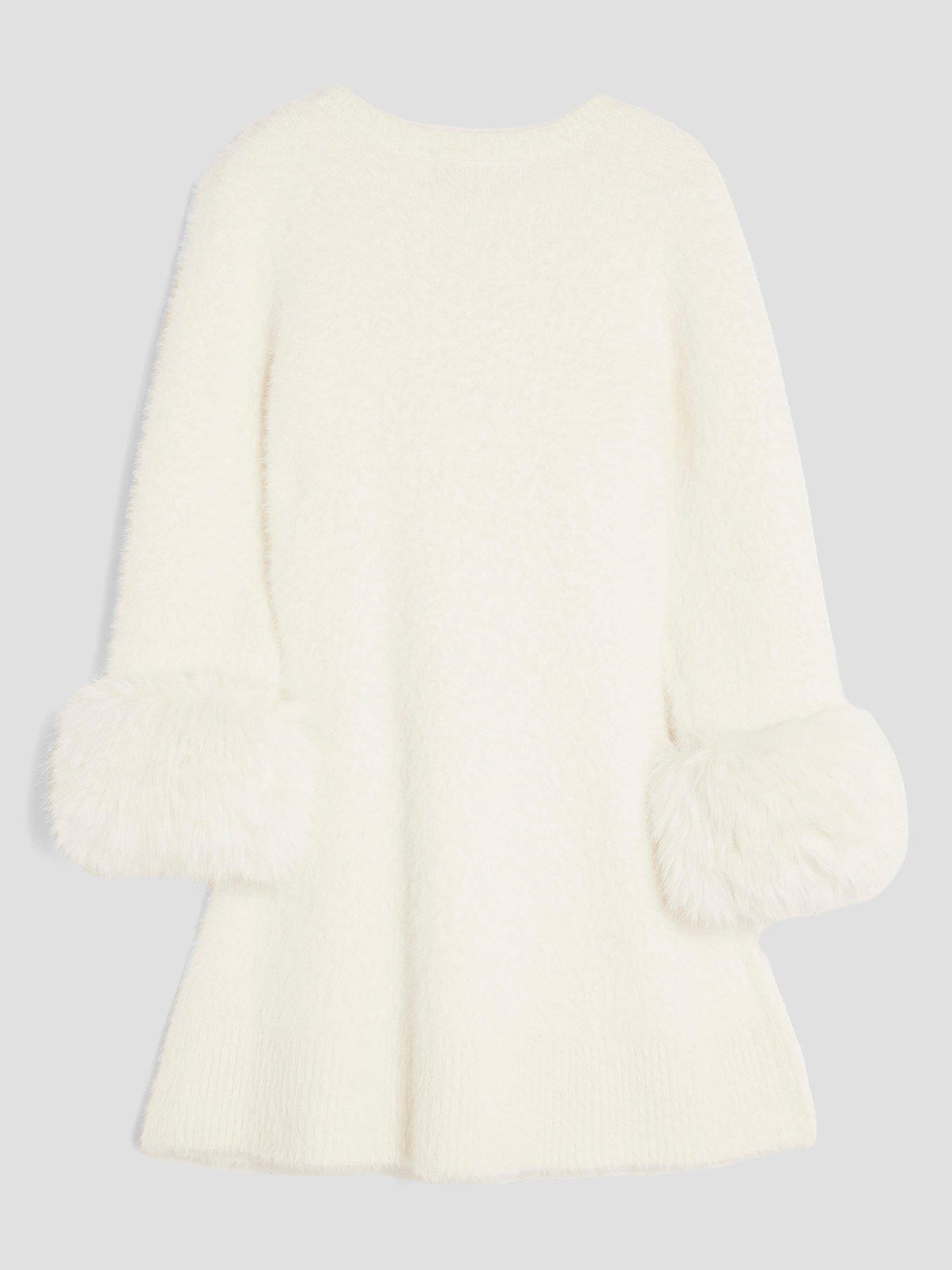 River Island Older Girls Fur Cuff Sequin Bow Skater Dress Cream