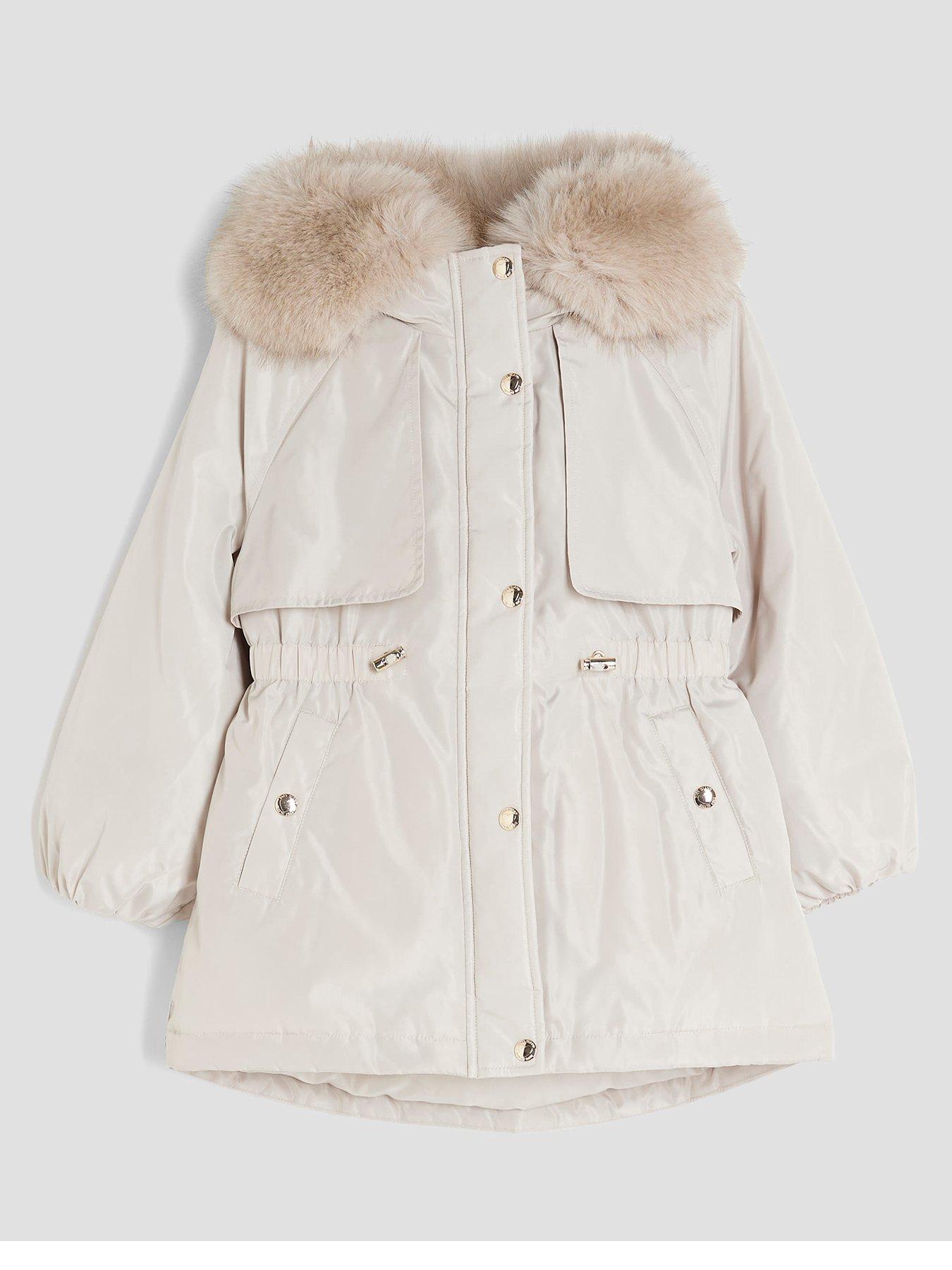 River Island: Older Girls Faux Fur Hooded Coat - Beige