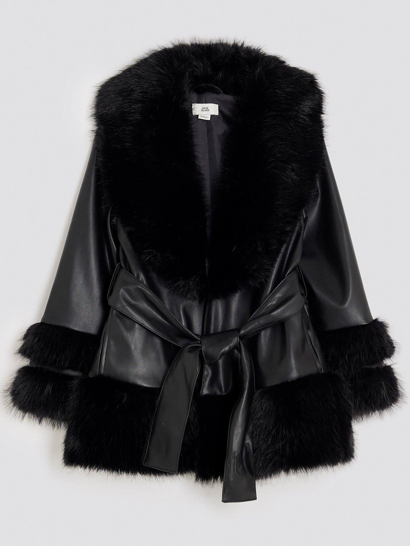 Image 1 of 4 of River Island Older Girls Faux Fur Wrap Coat - Black