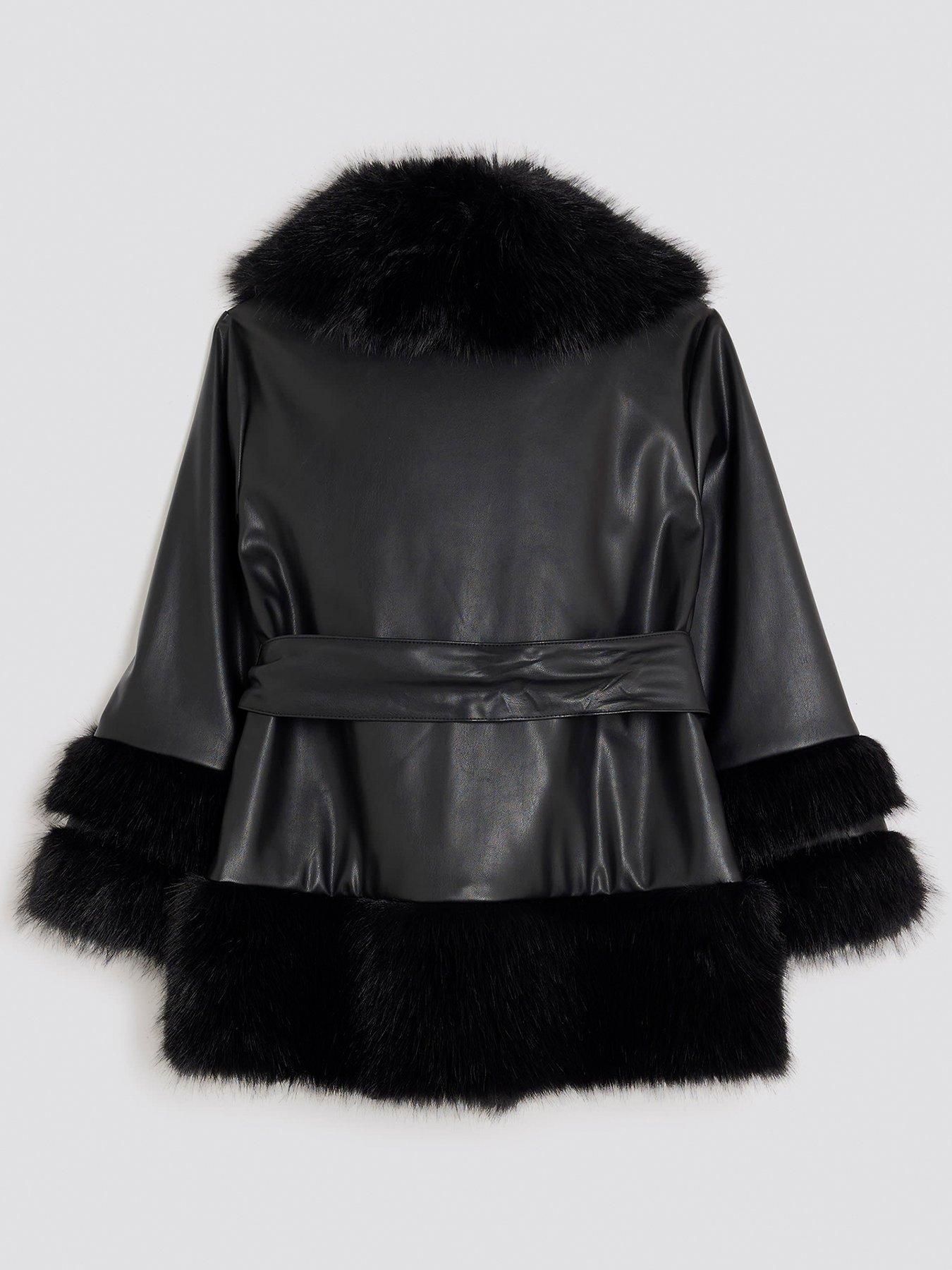 Image 2 of 4 of River Island Older Girls Faux Fur Wrap Coat - Black