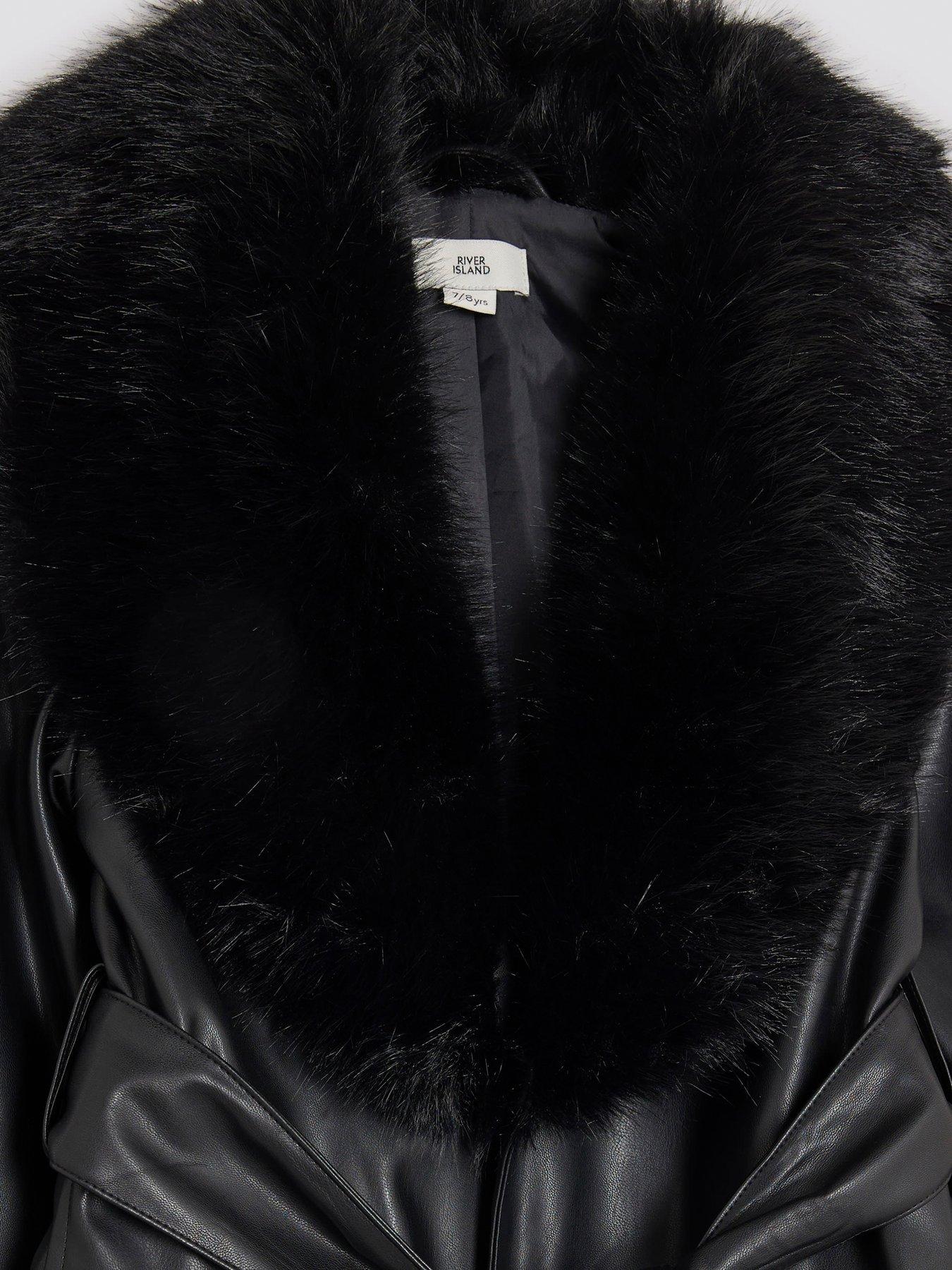 Image 3 of 4 of River Island Older Girls Faux Fur Wrap Coat - Black