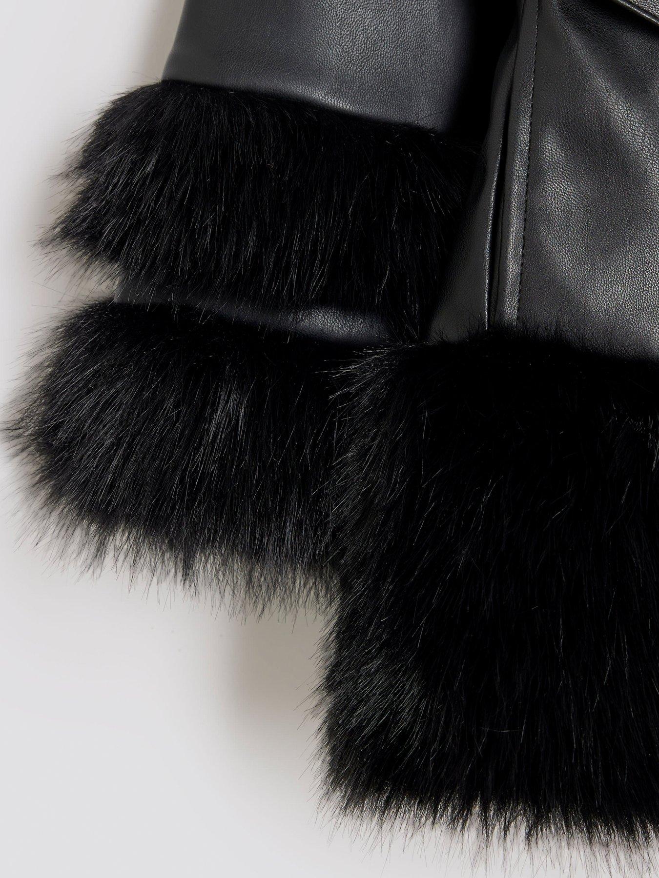 Image 4 of 4 of River Island Older Girls Faux Fur Wrap Coat - Black