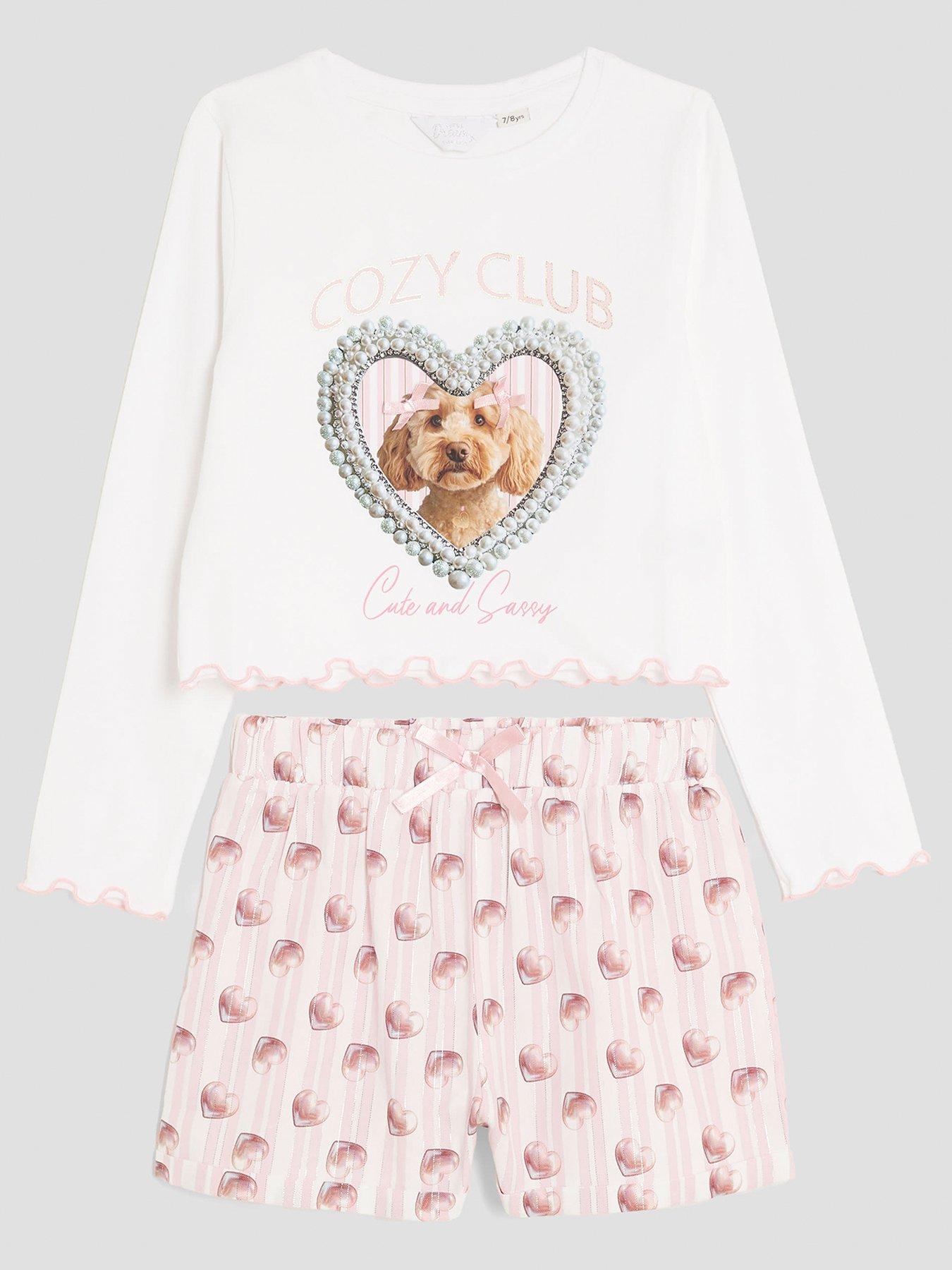 River Island Older Girls Long Sleeve Puppy Graphic Pyjamas - Light Pink