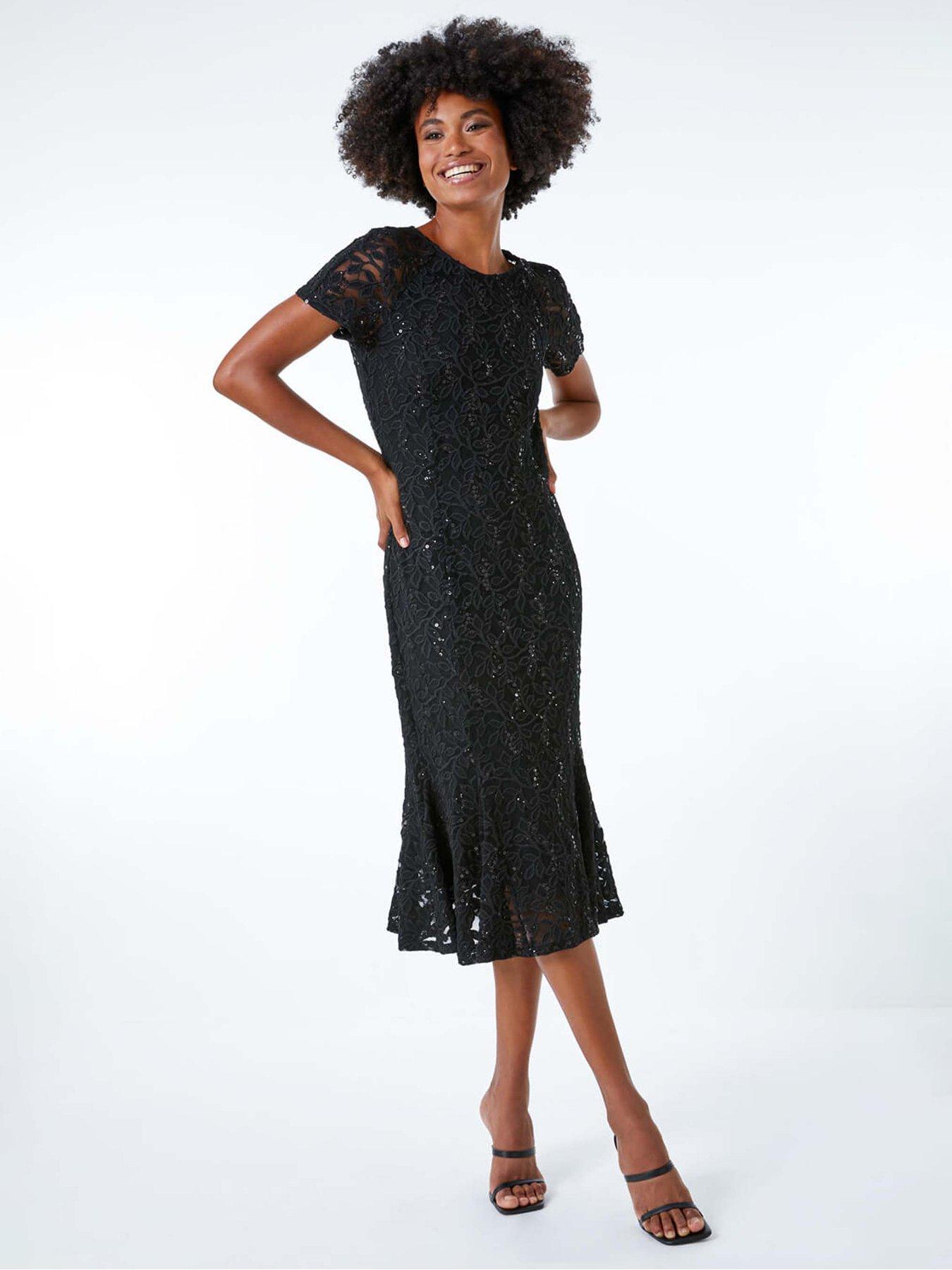 Roman Leaf Lace Sequin Midi Dress - Black
