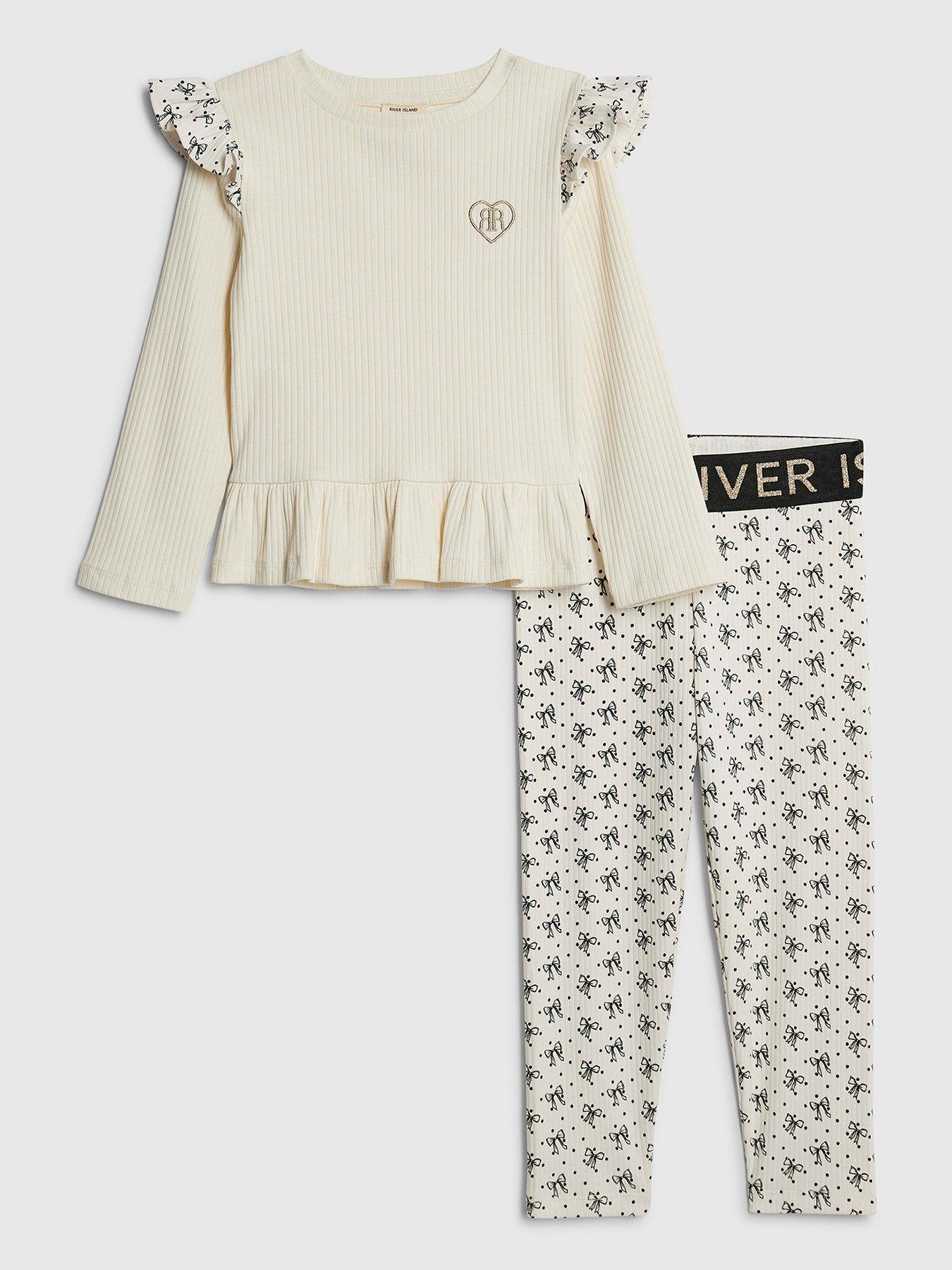 River Island Mini Girls Bow Ribbed Top Set - Cream