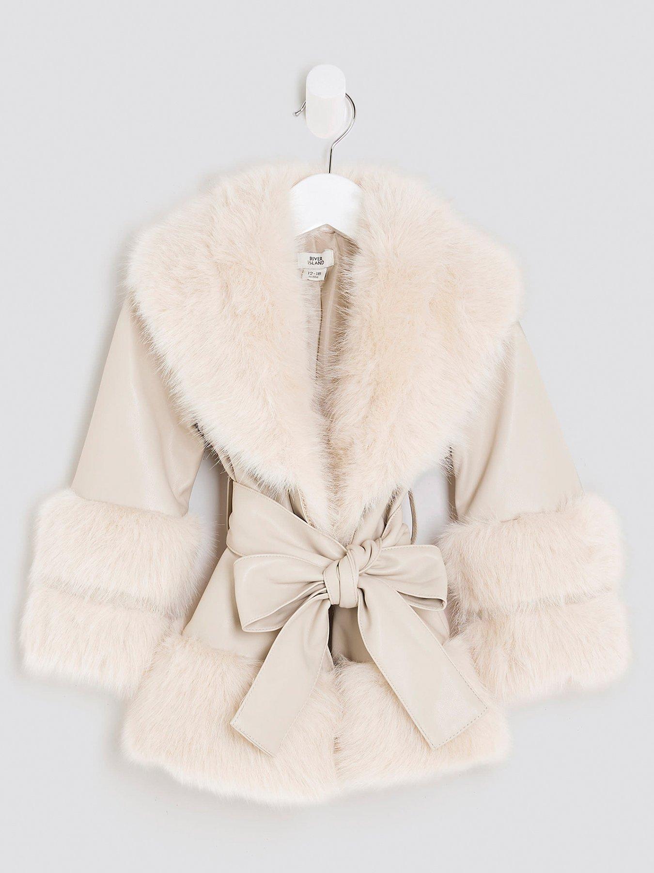 undefined Girls Faux Fur Wrap Coat - Cream