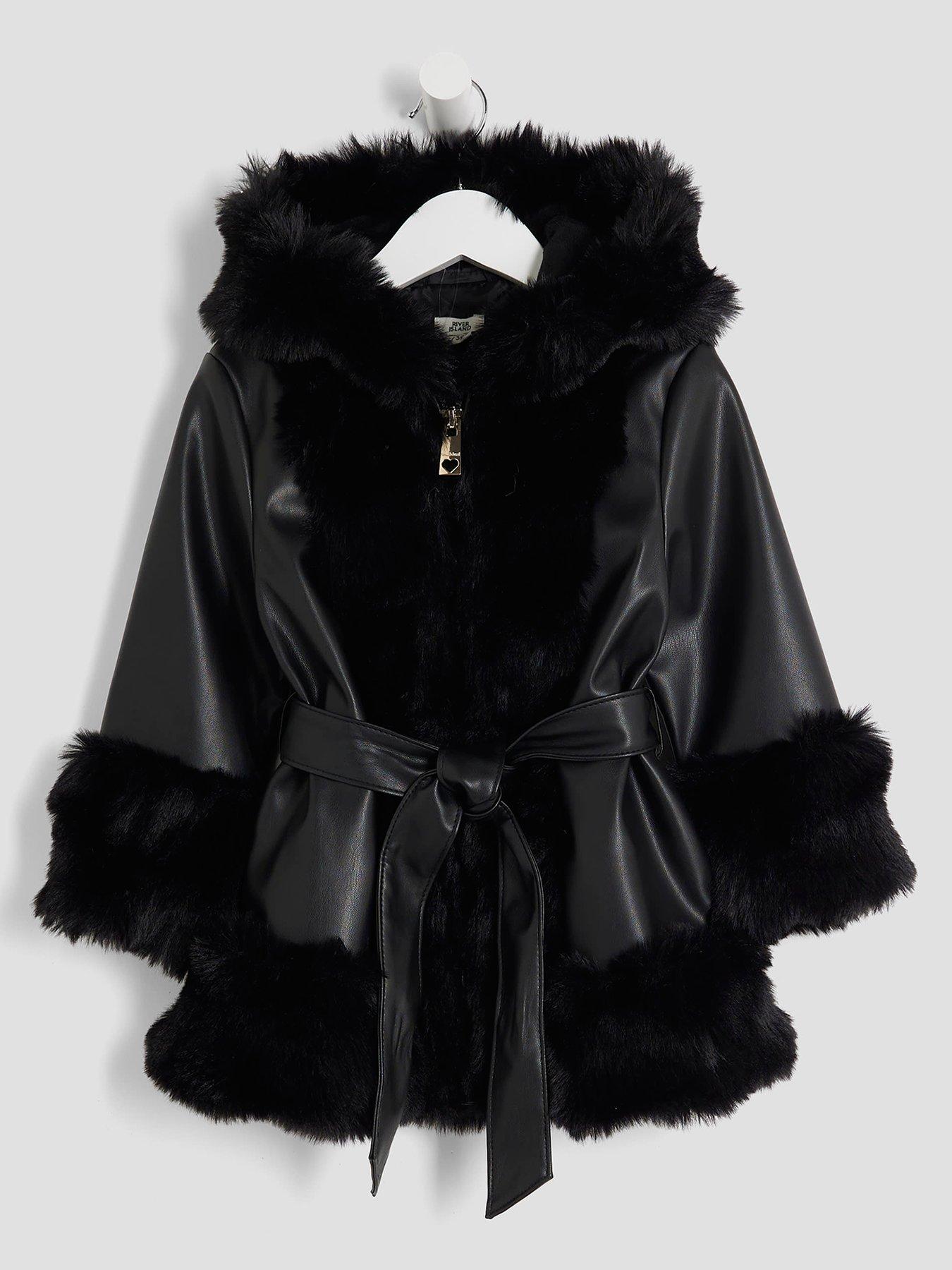 River Island Mini Girls Faux Fur Wrap Hooded Coat - Black