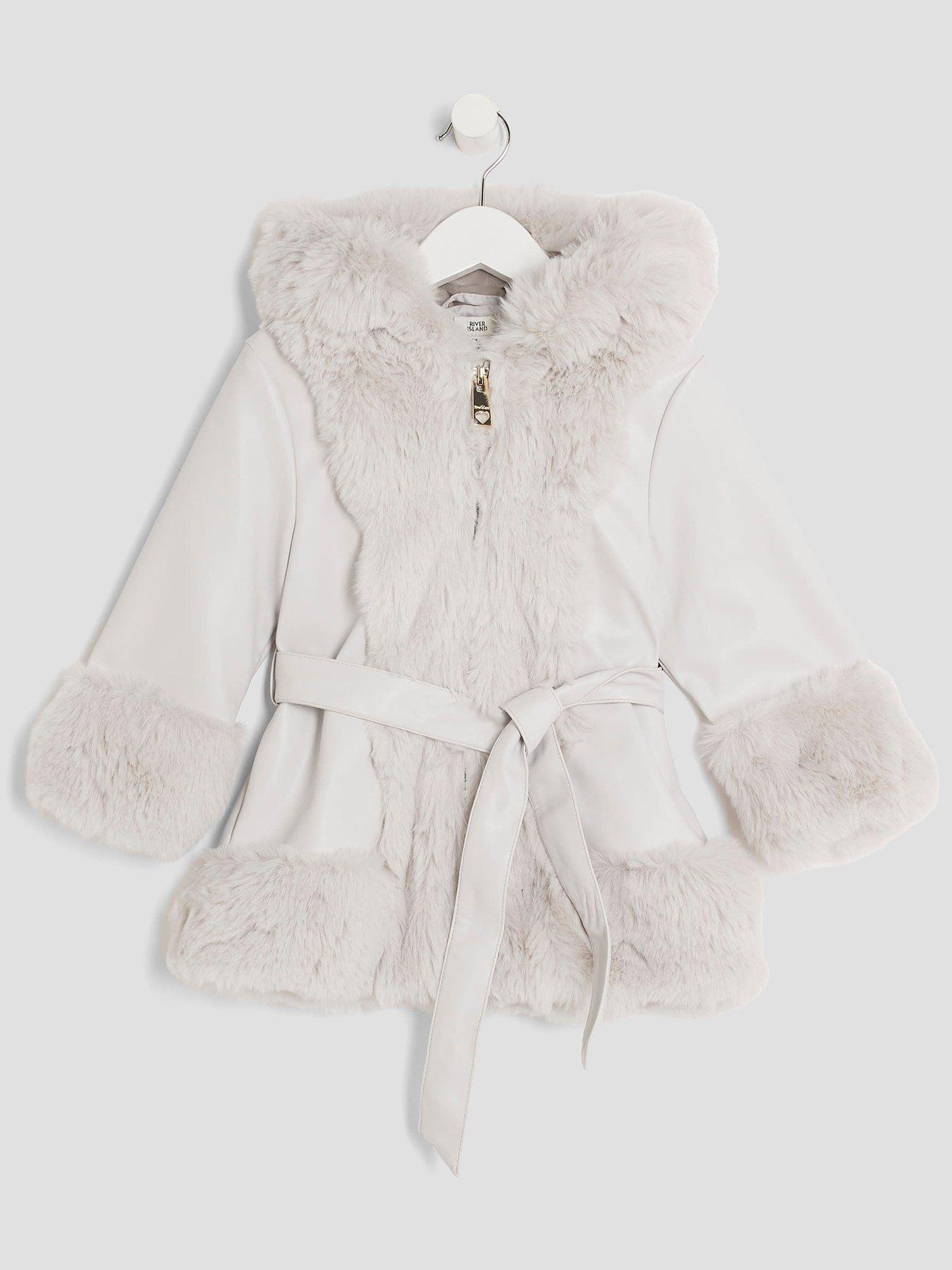 River Island Mini Girls Faux Fur Wrap Hooded Coat - Grey