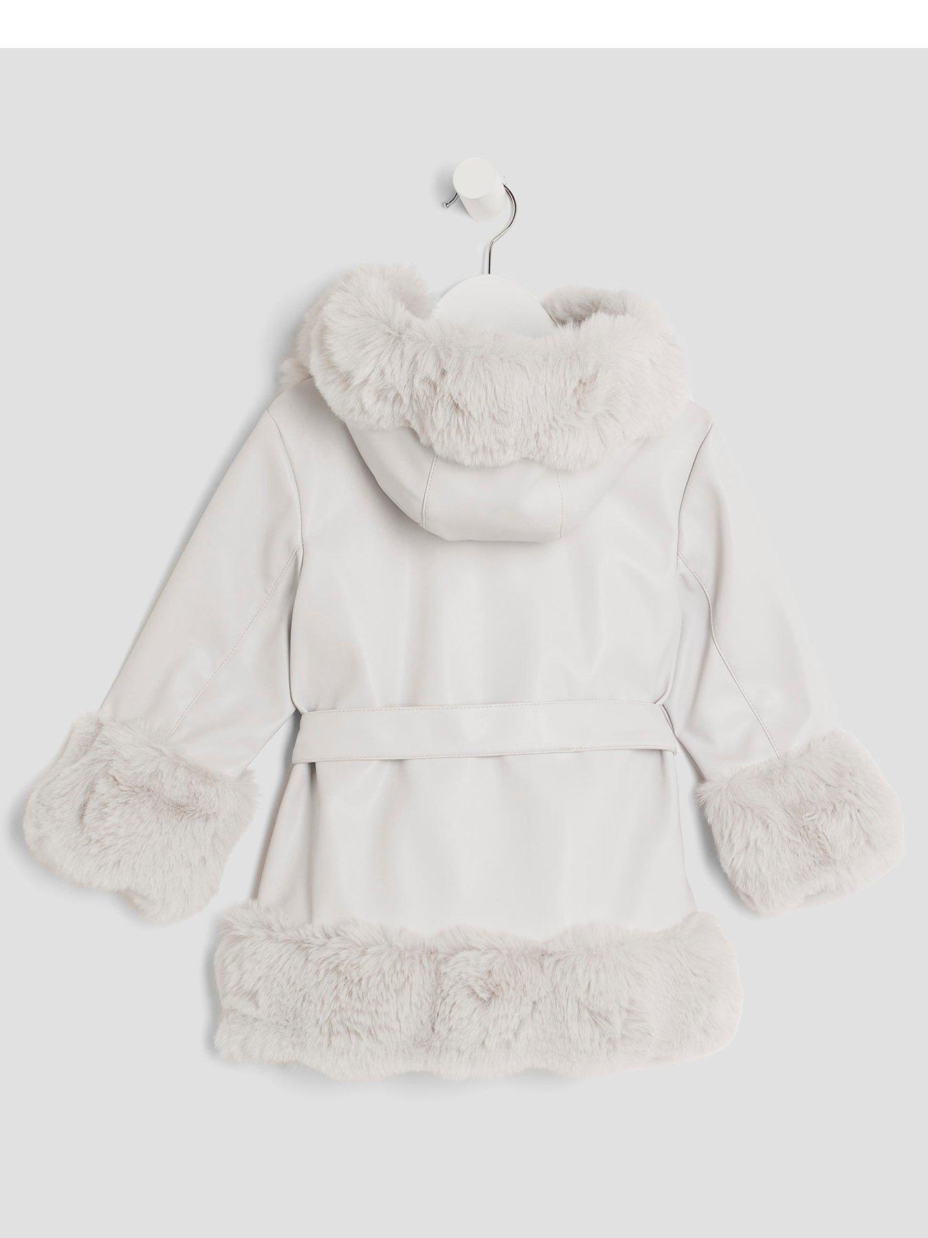 Image 2 of 4 of River Island Mini Girls Faux Fur Wrap Hooded Coat - Grey