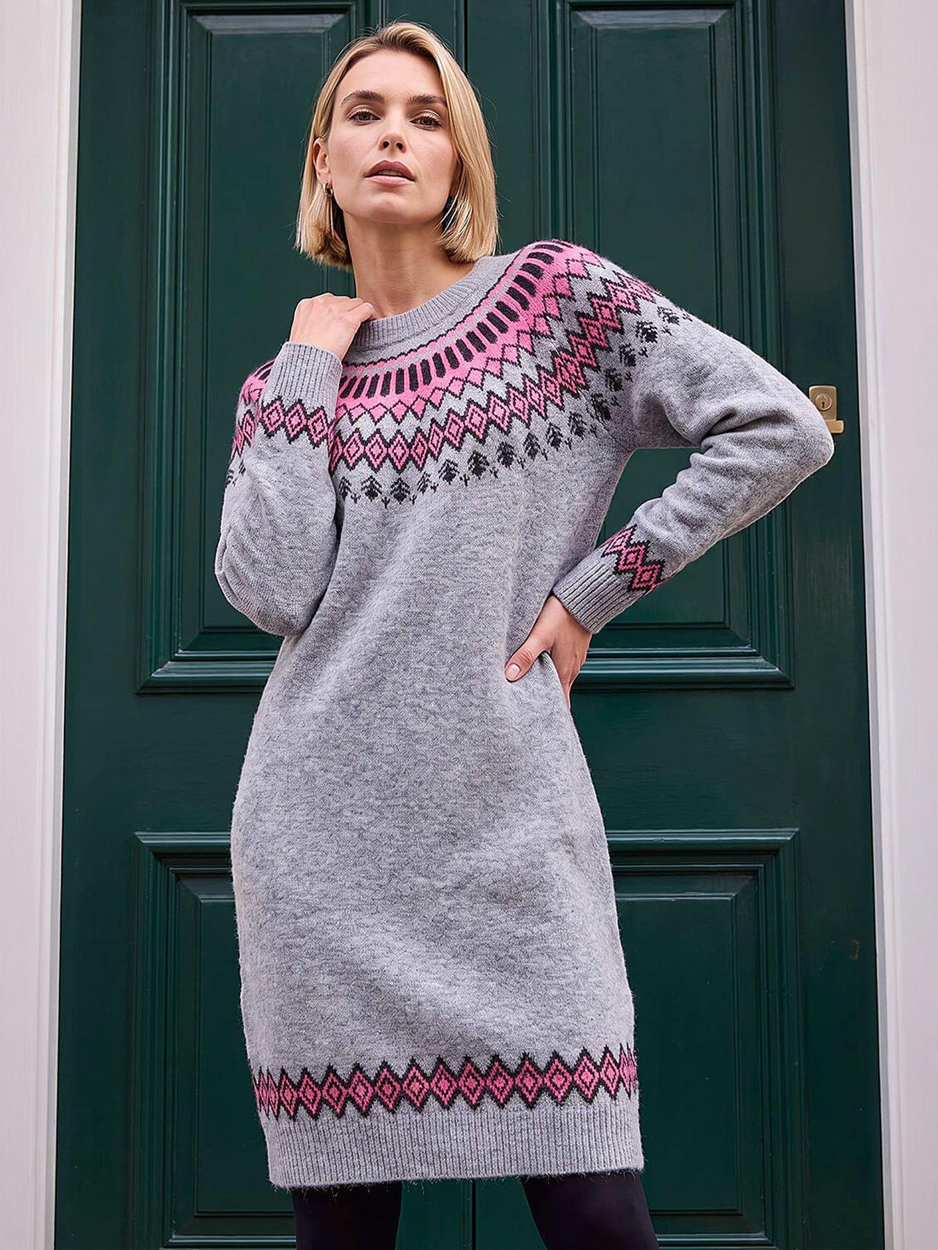 Roman Women's Grey Soft Knit Fairisle Jumper Dress In | : Size 18 - Image 3