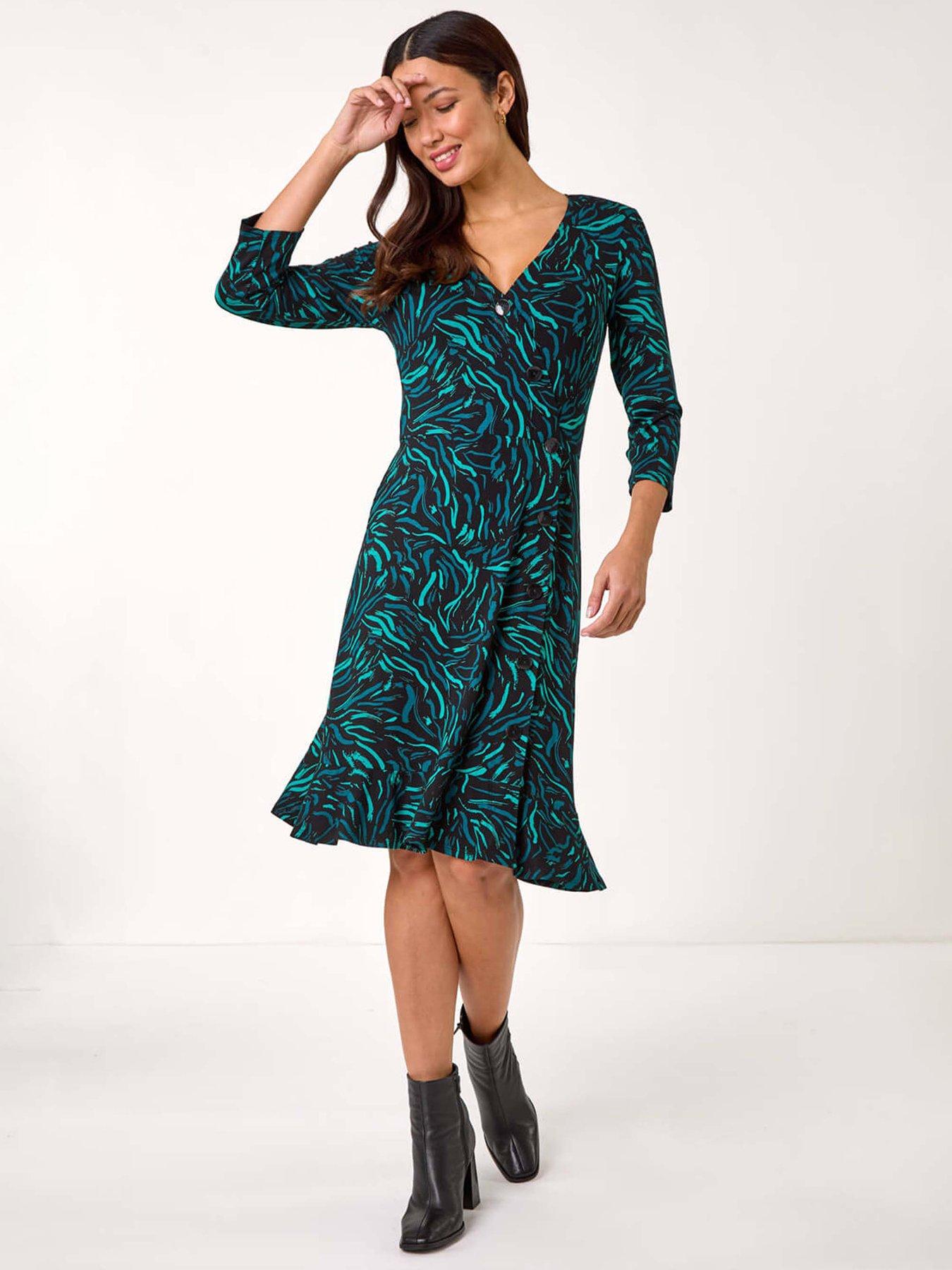 undefined Wave Print Side Button Stretch Dress - Teal