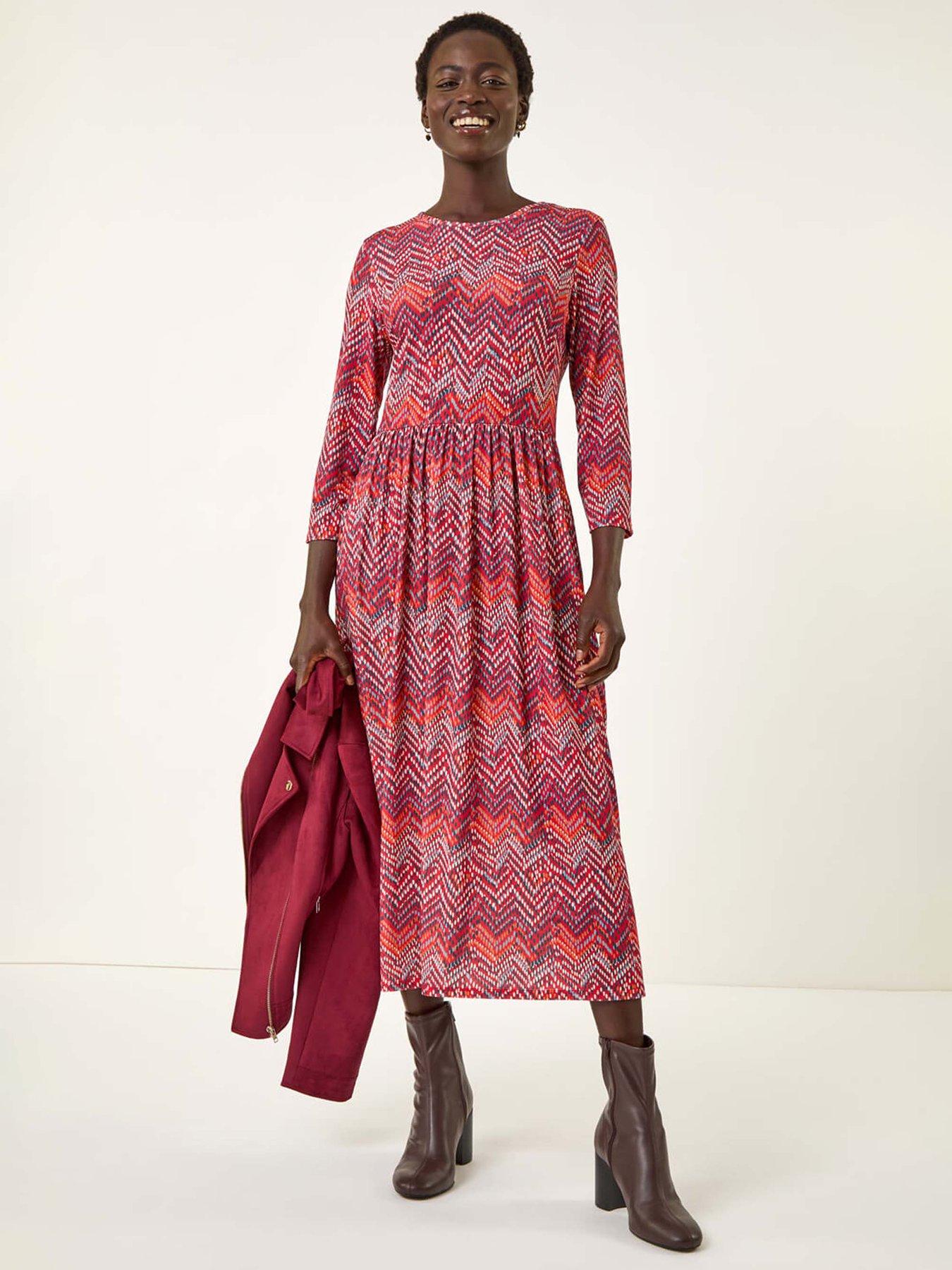 Image 1 of 5 of Roman Zig Zag Print Midi Dress - Red