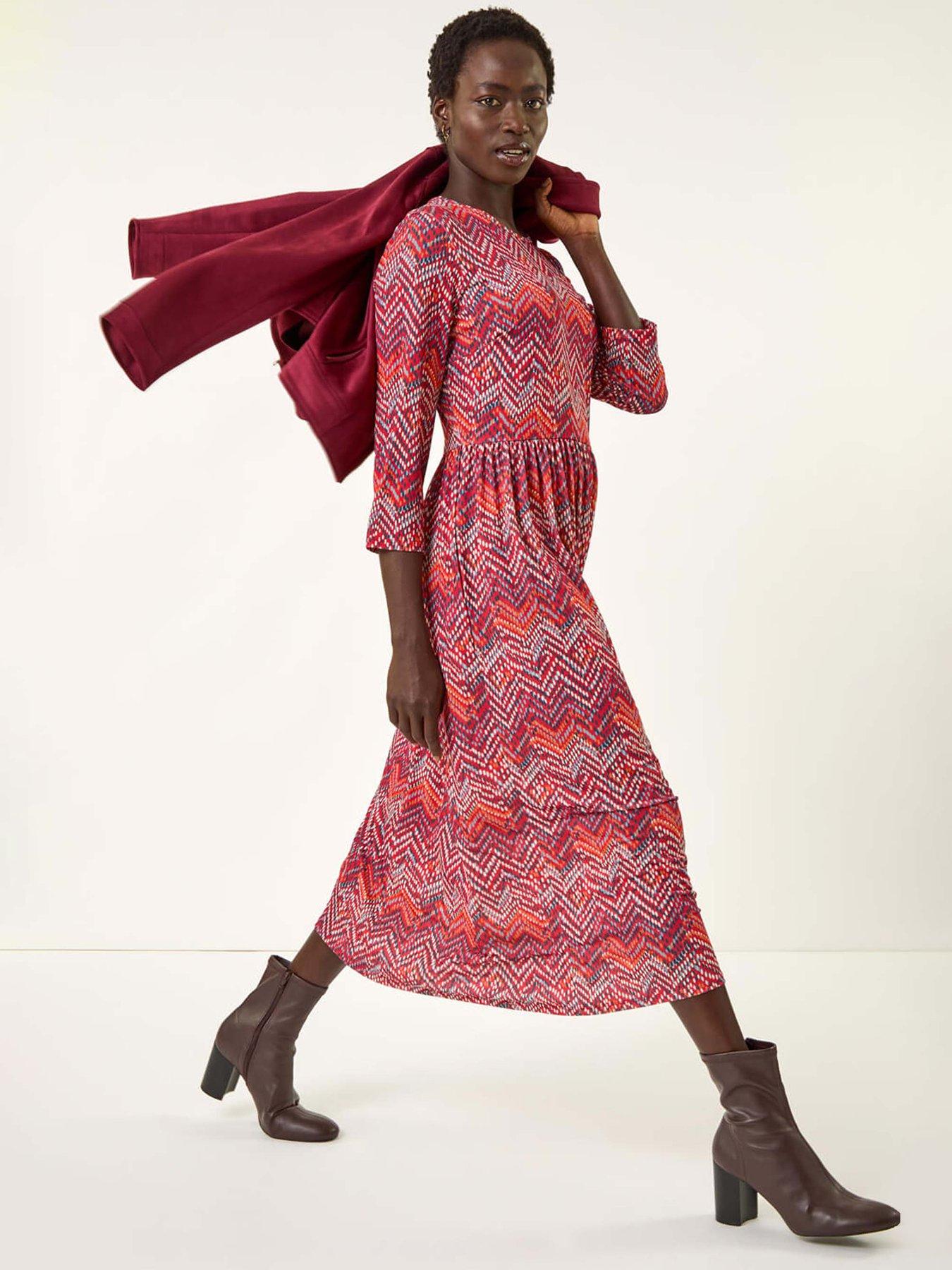 Image 3 of 5 of Roman Zig Zag Print Midi Dress - Red
