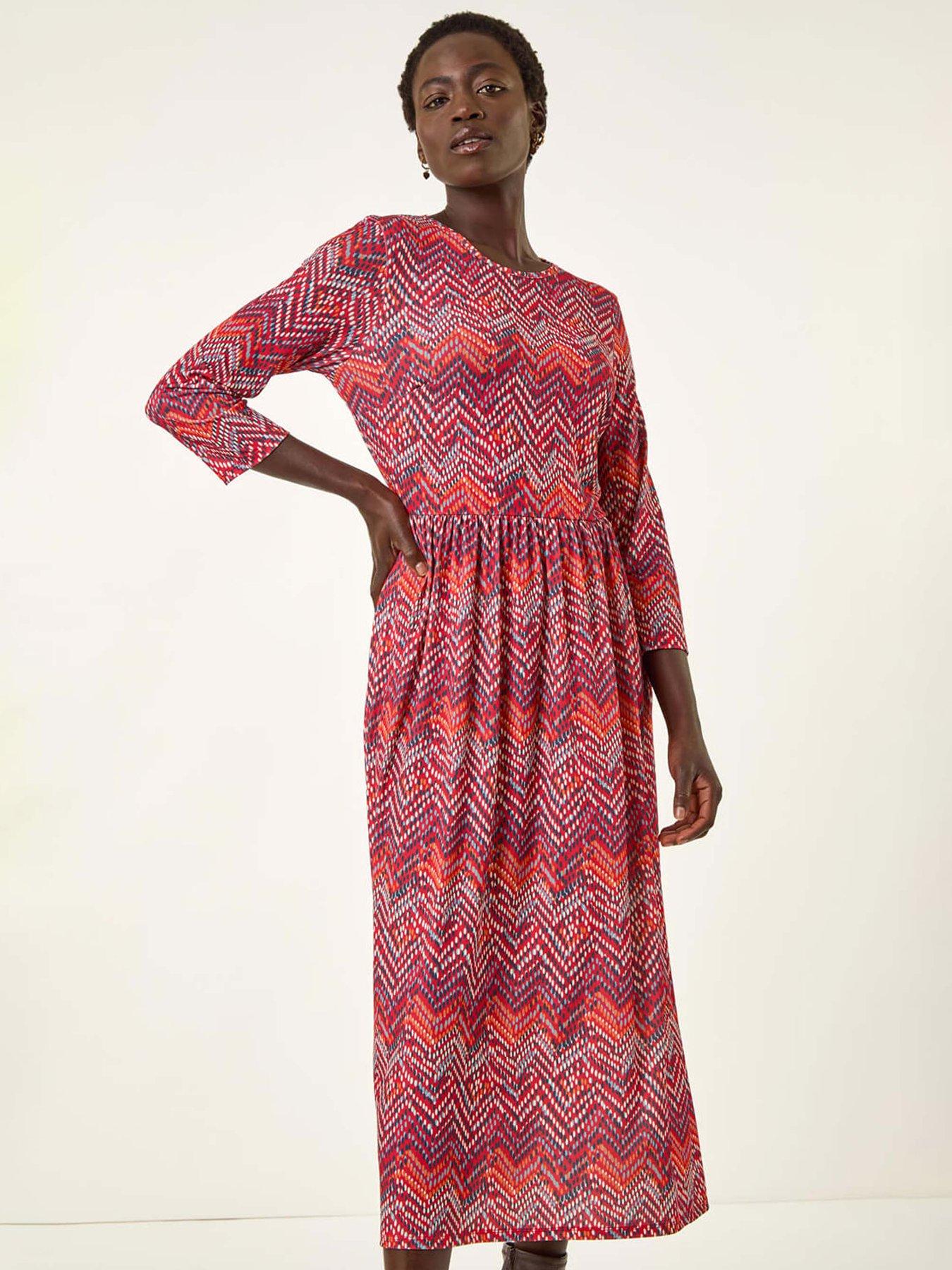 Image 4 of 5 of Roman Zig Zag Print Midi Dress - Red