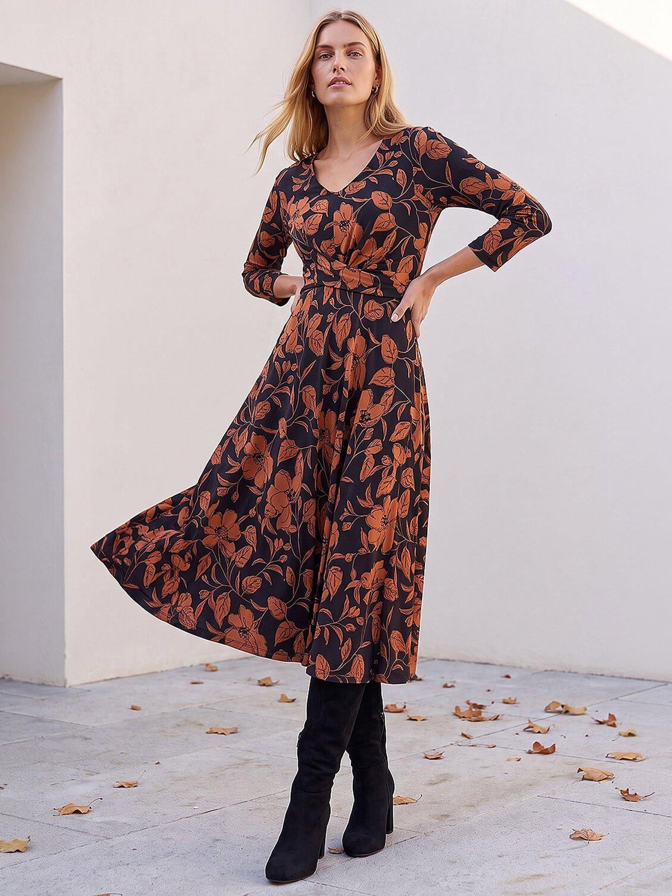 Roman Leaf Print Wrap Midi Dress, Black, Size 20, Women