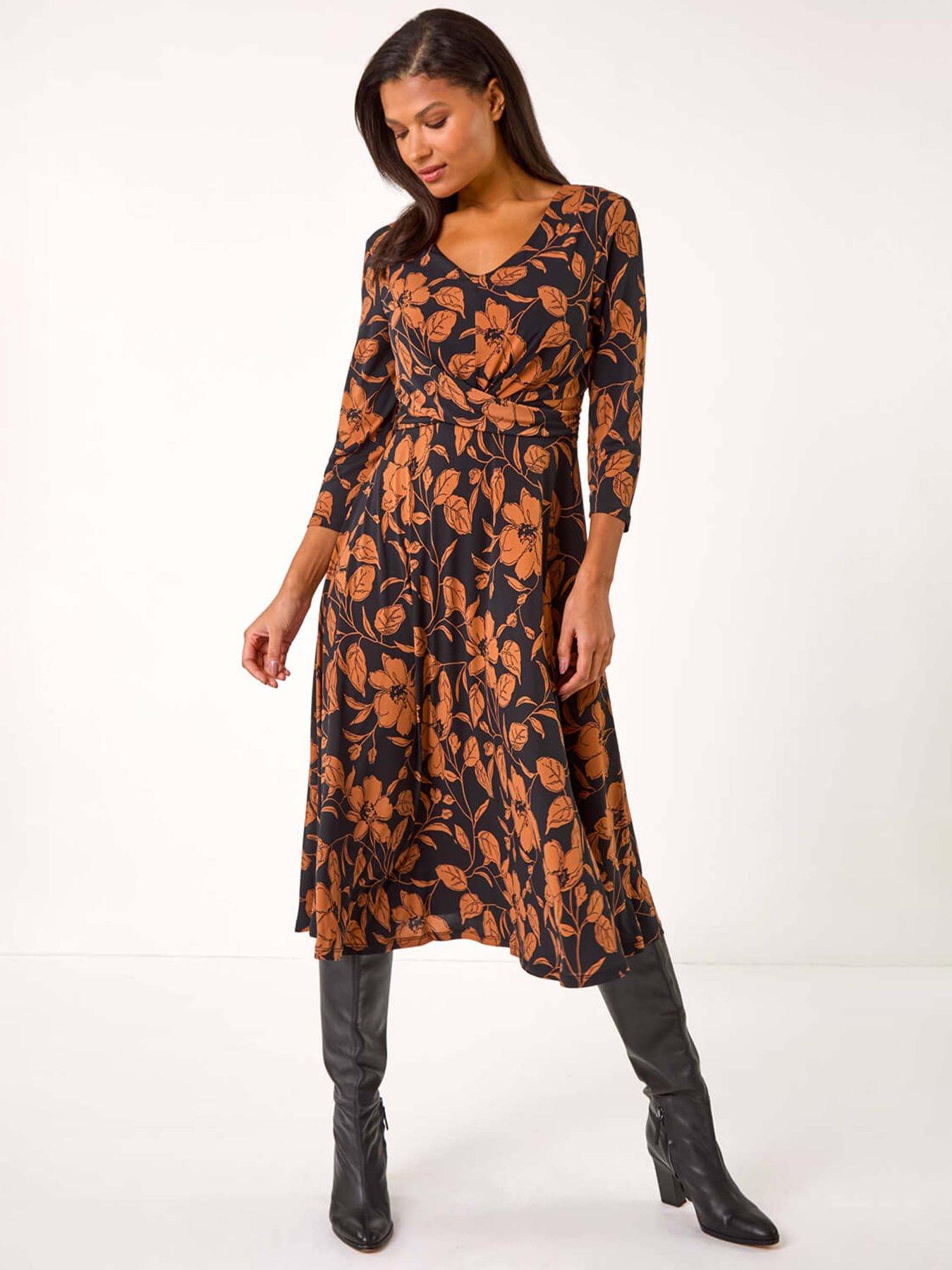 Roman Leaf Print Wrap Midi Dress - Tan
