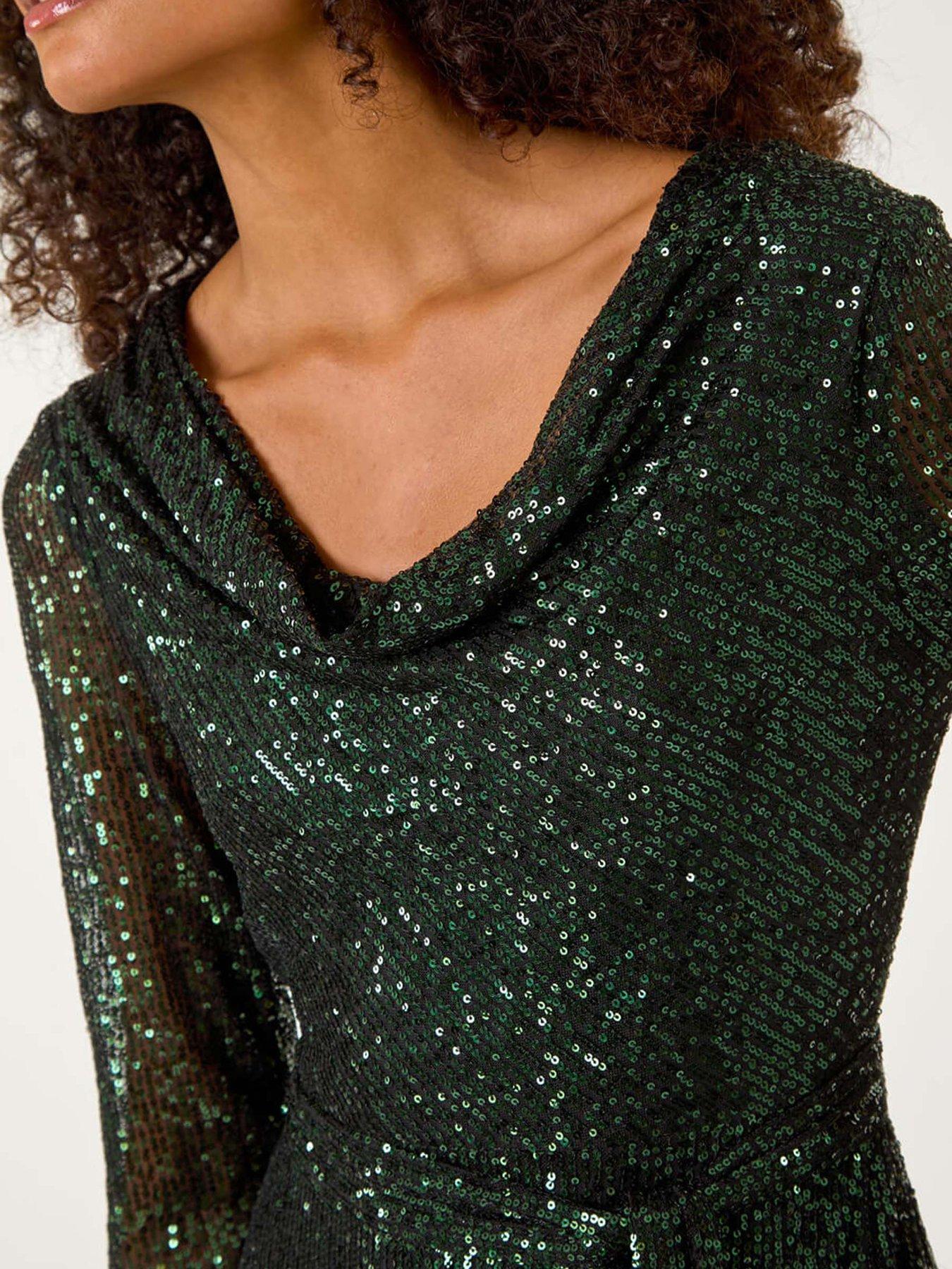 green emerald velvet dress Green Cowl Back Boat Neck Sequined Evening Gown