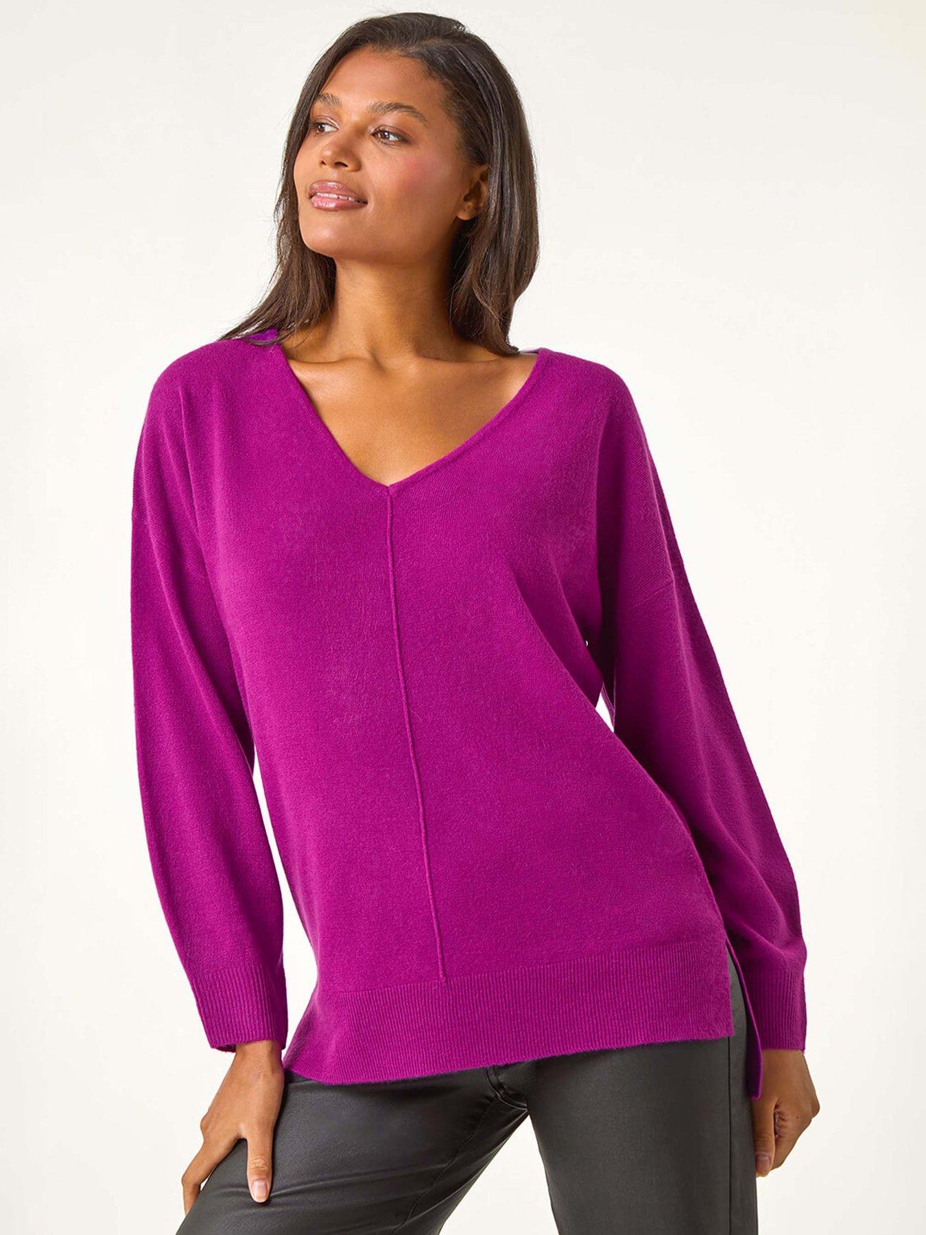 Roman Soft V-neck Side Split Knit Sweater, Purple, Size 20, Women