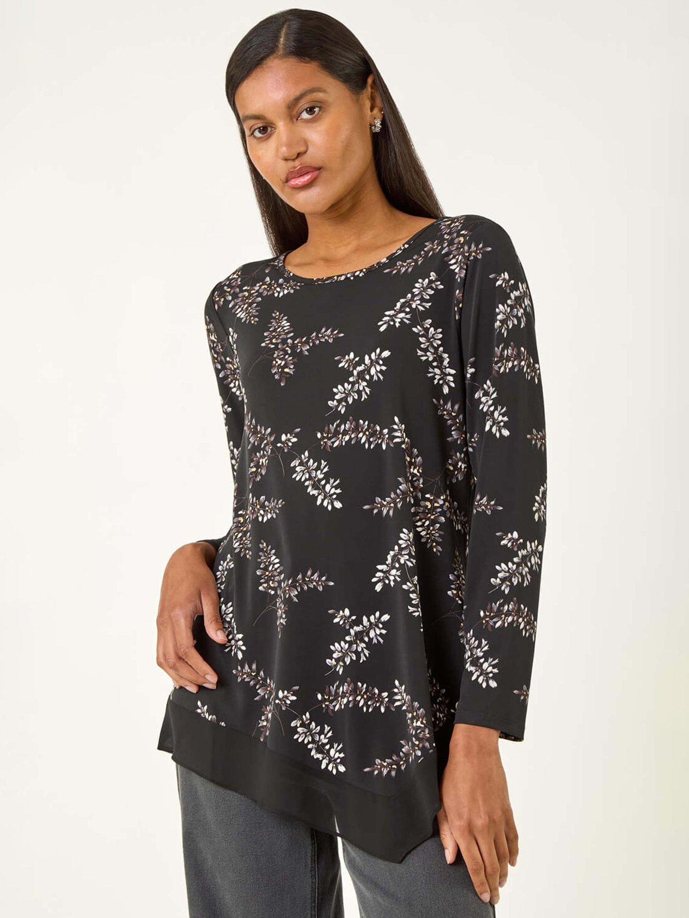 Roman Floral Print Chiffon Hem Top - Black