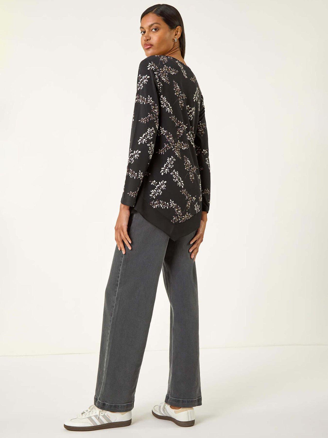 Image 2 of 5 of Roman Floral Print Chiffon Hem Top - Black