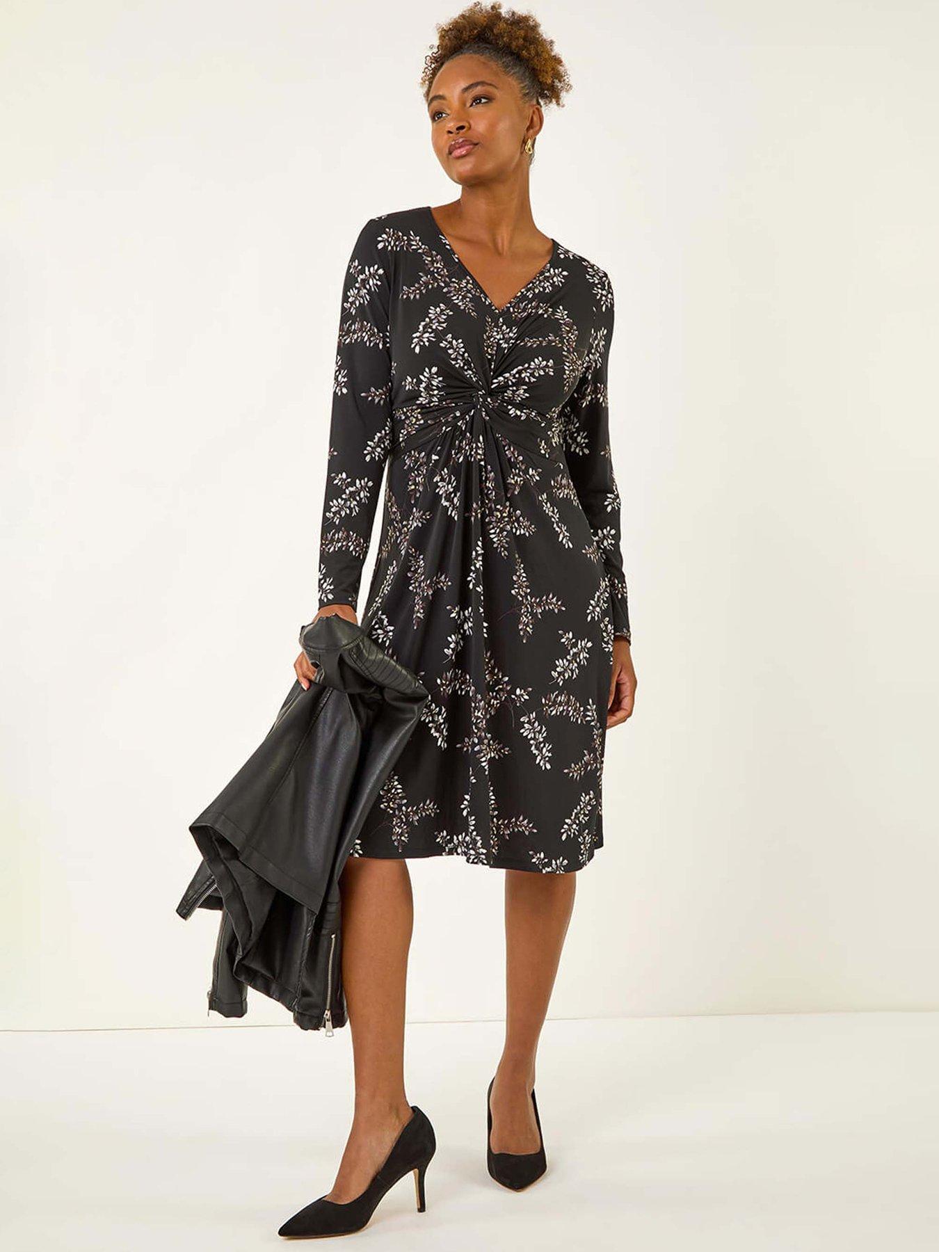 sachin and babi light blue dress Roman Floral Print Twist Front Midi Dress - Black