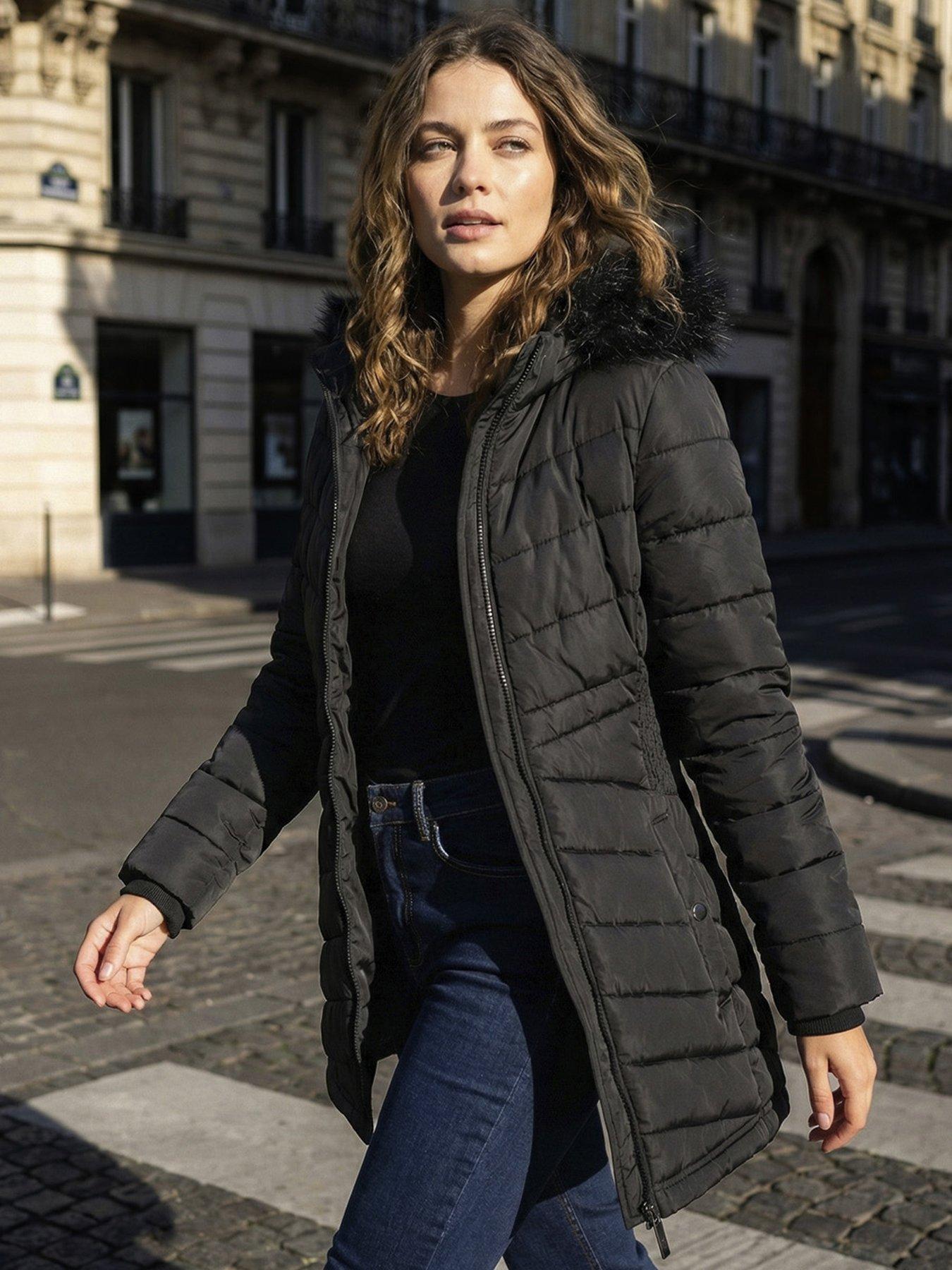 Roman Women's Black Faux Fur Hooded Quilt Coat Size 16 - Image 2