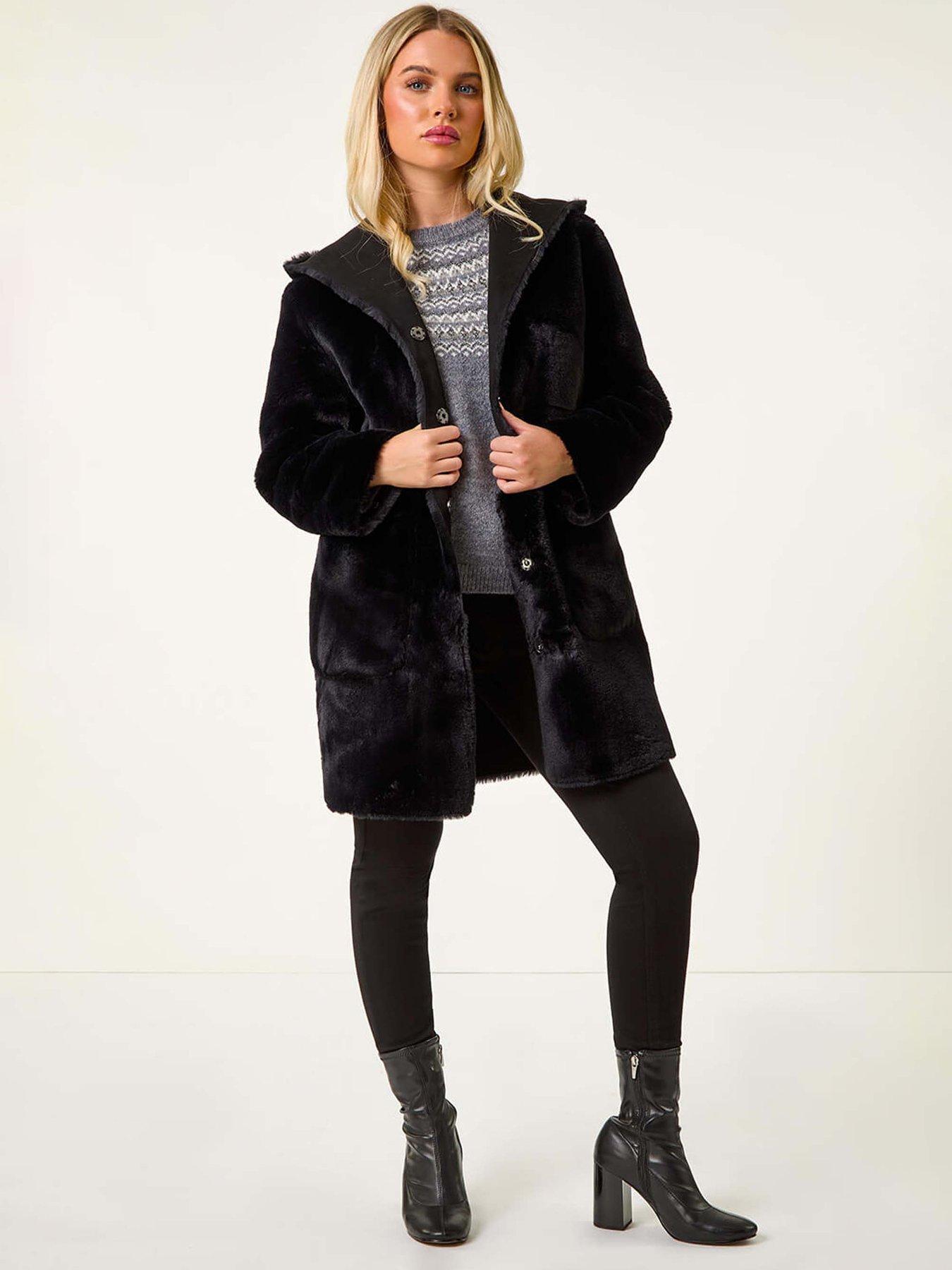 Roman Petite Faux Sheepskin Reversible Hooded Coat - Black