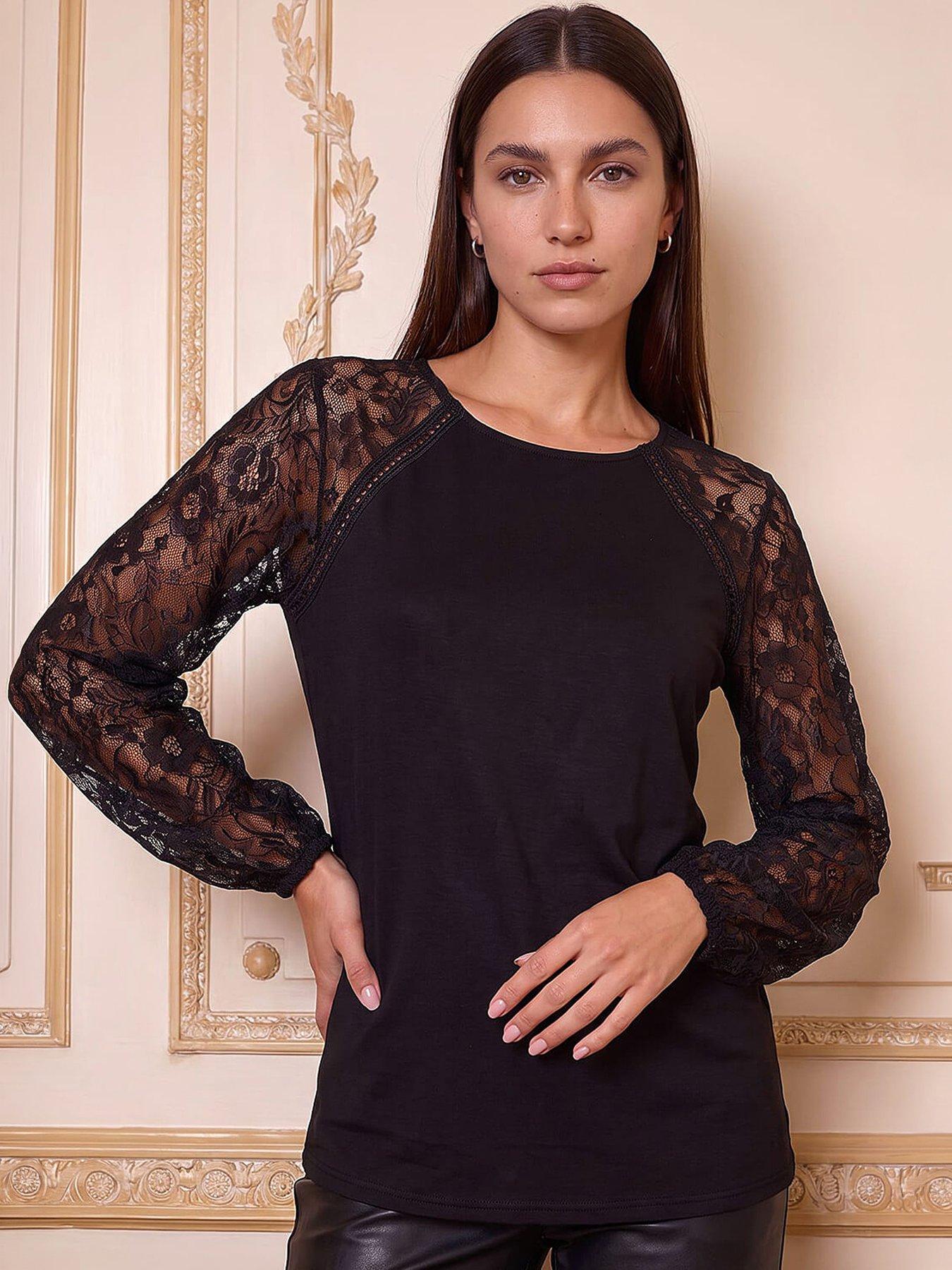 Roman Women's Black Lace Sleeve Stretch Tunic Top In | Size: 12 - Image 8