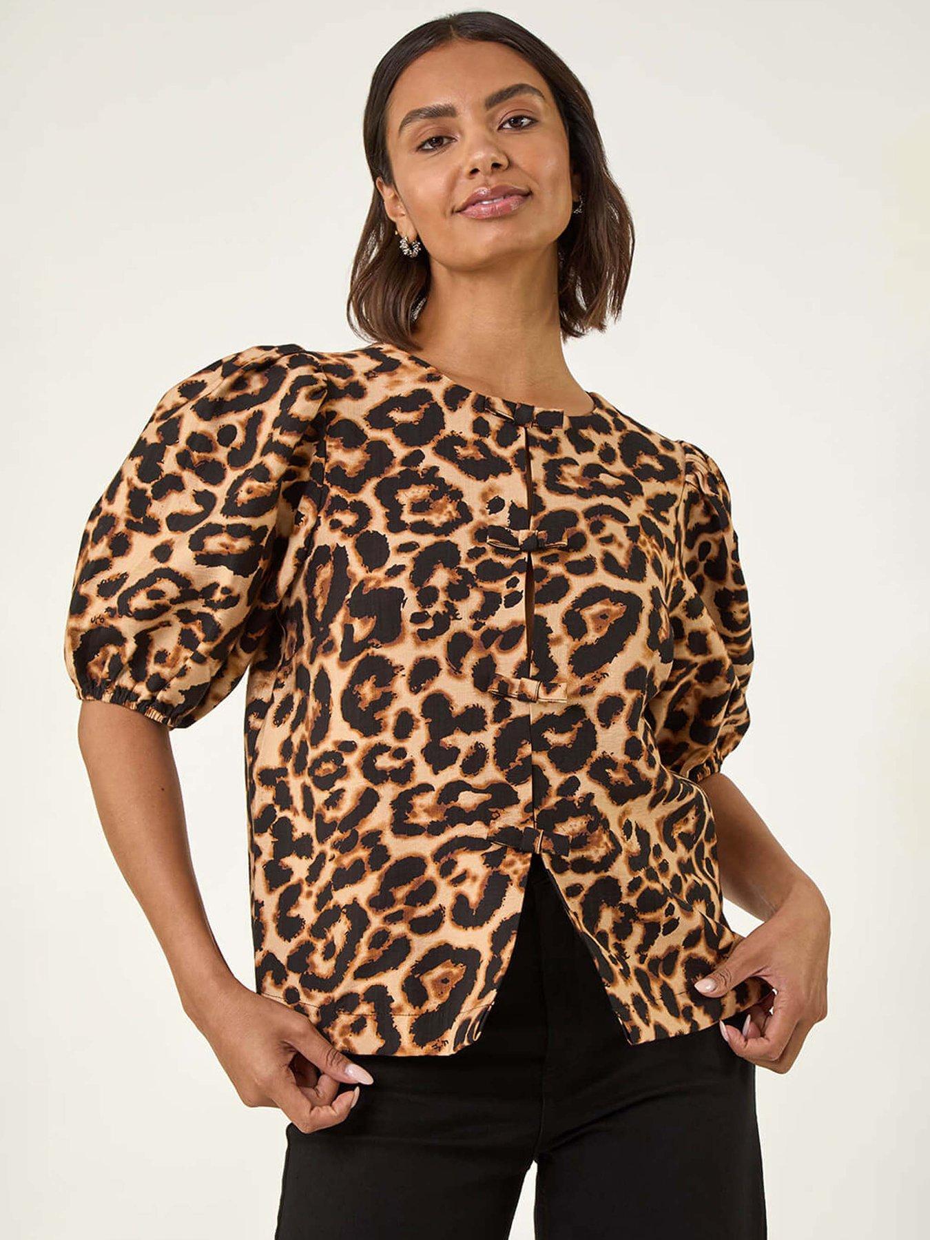 Roman Animal Print Bow Blouse - Beige