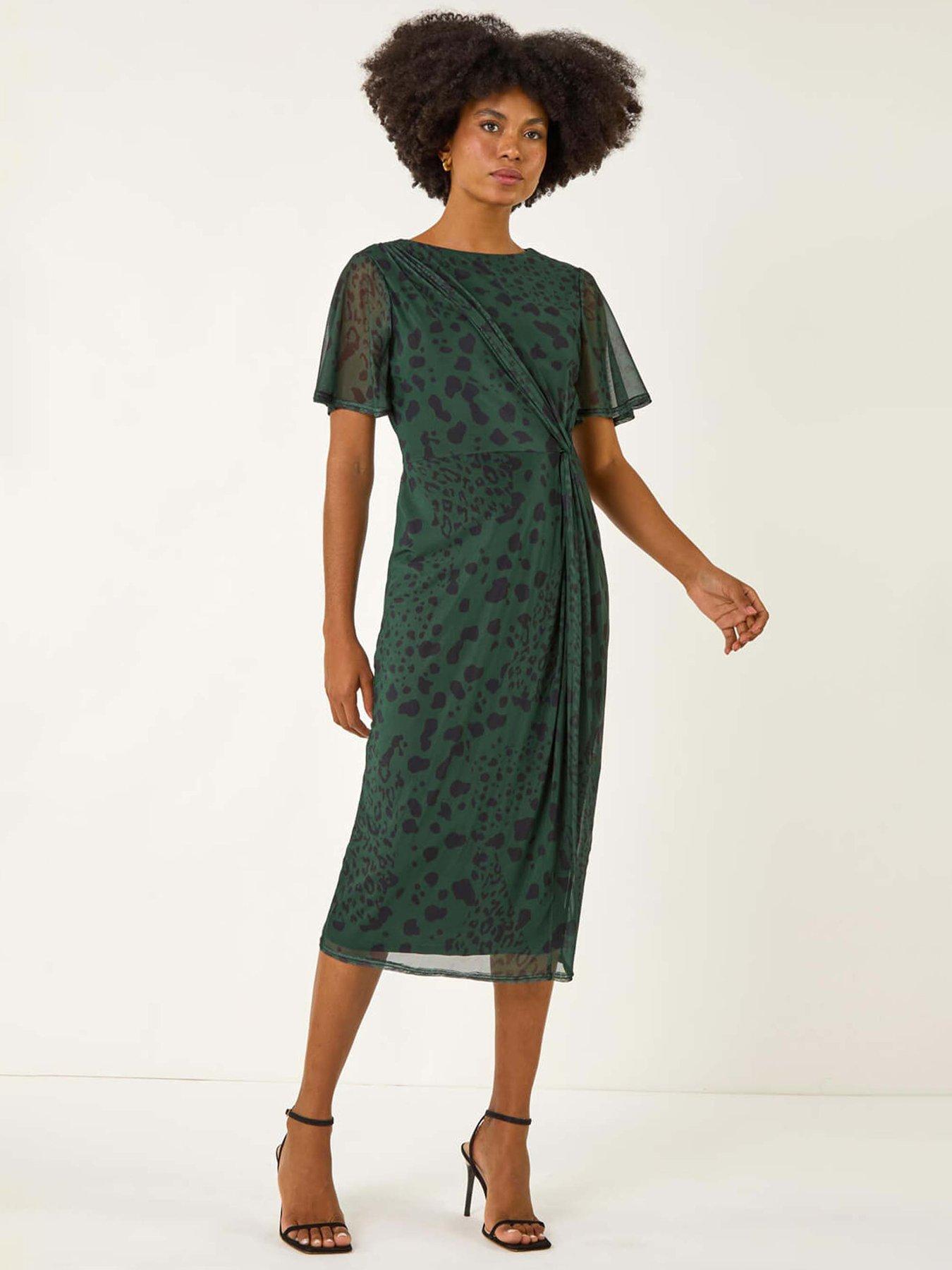 Roman Animal Print Twist Front Stretch Dress - Khaki