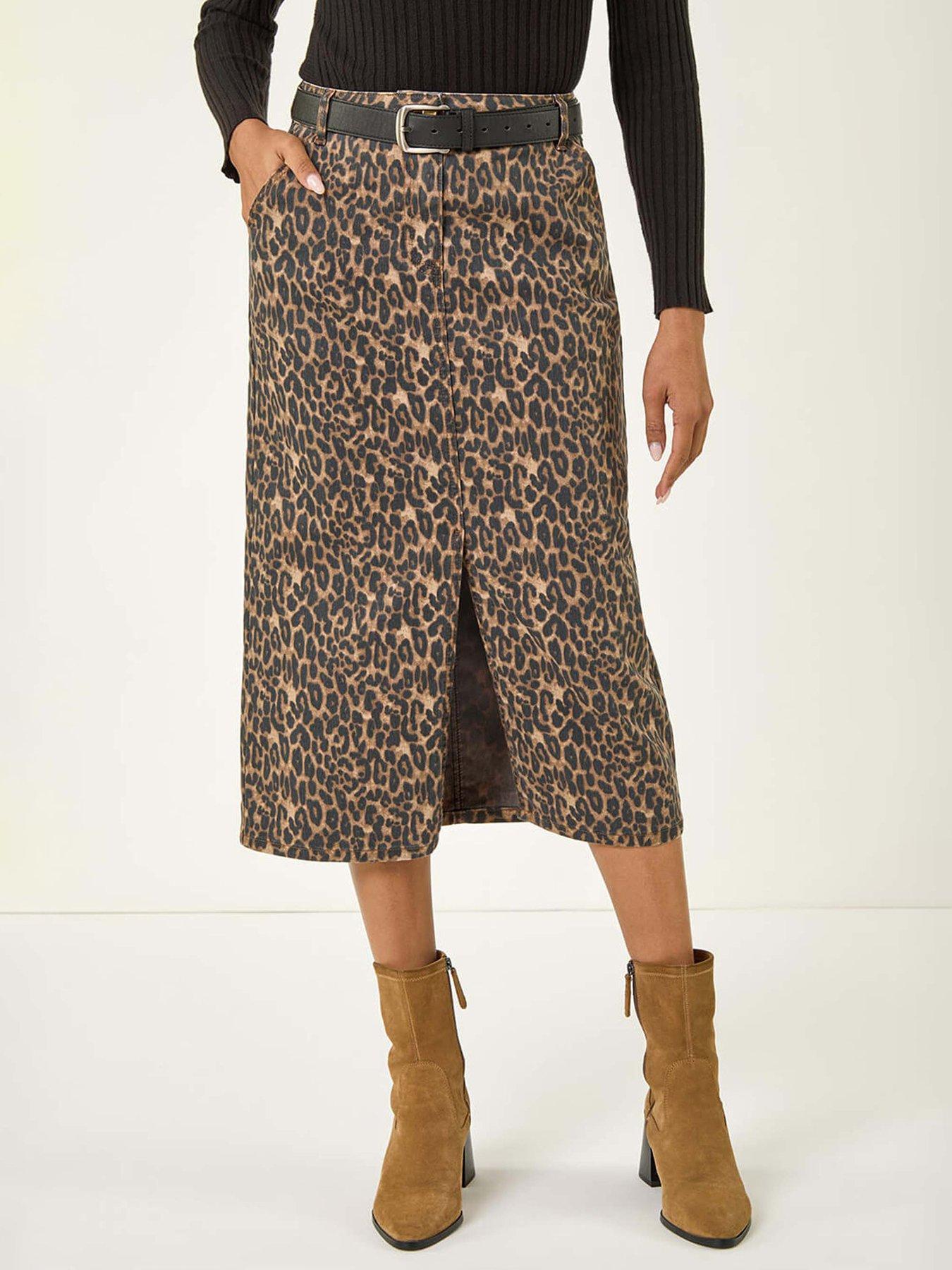 Roman Animal Print Stretch Midi Skirt - Brown
