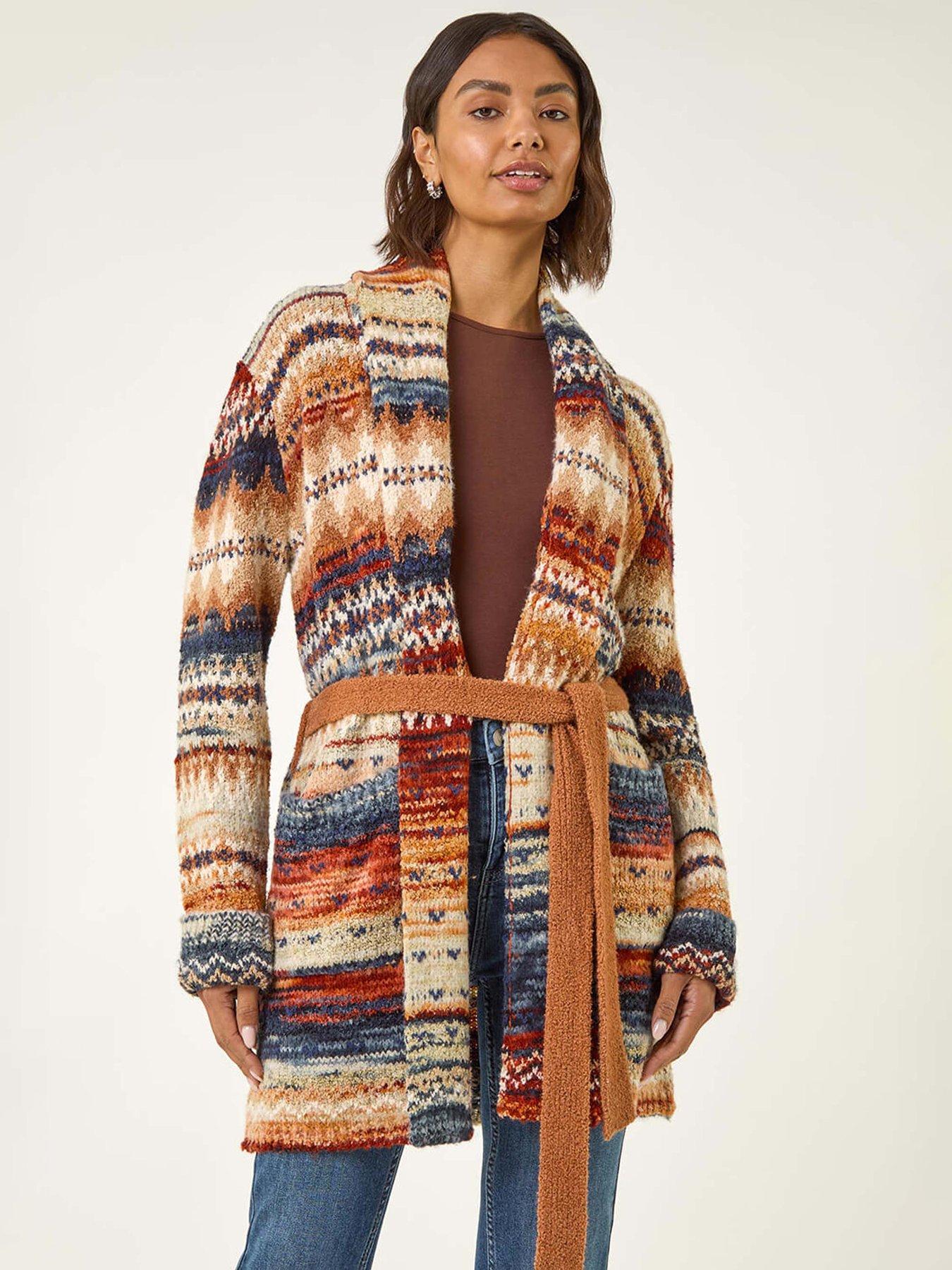Roman Jacquard Knit Belted Cardigan - Brown