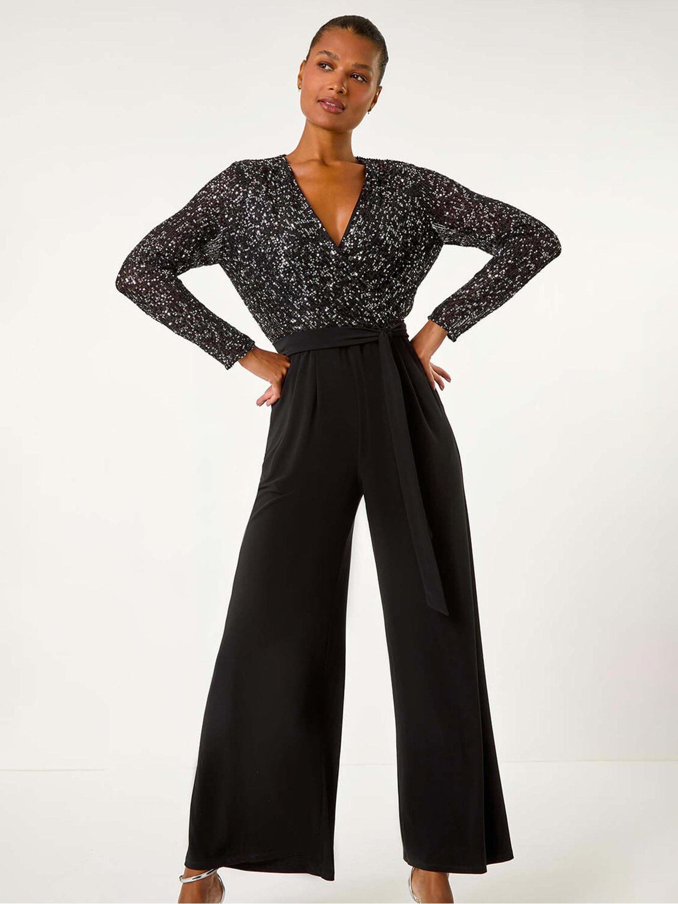 undefined Sequin Wrap V-neck Stretch Jumpsuit - Black